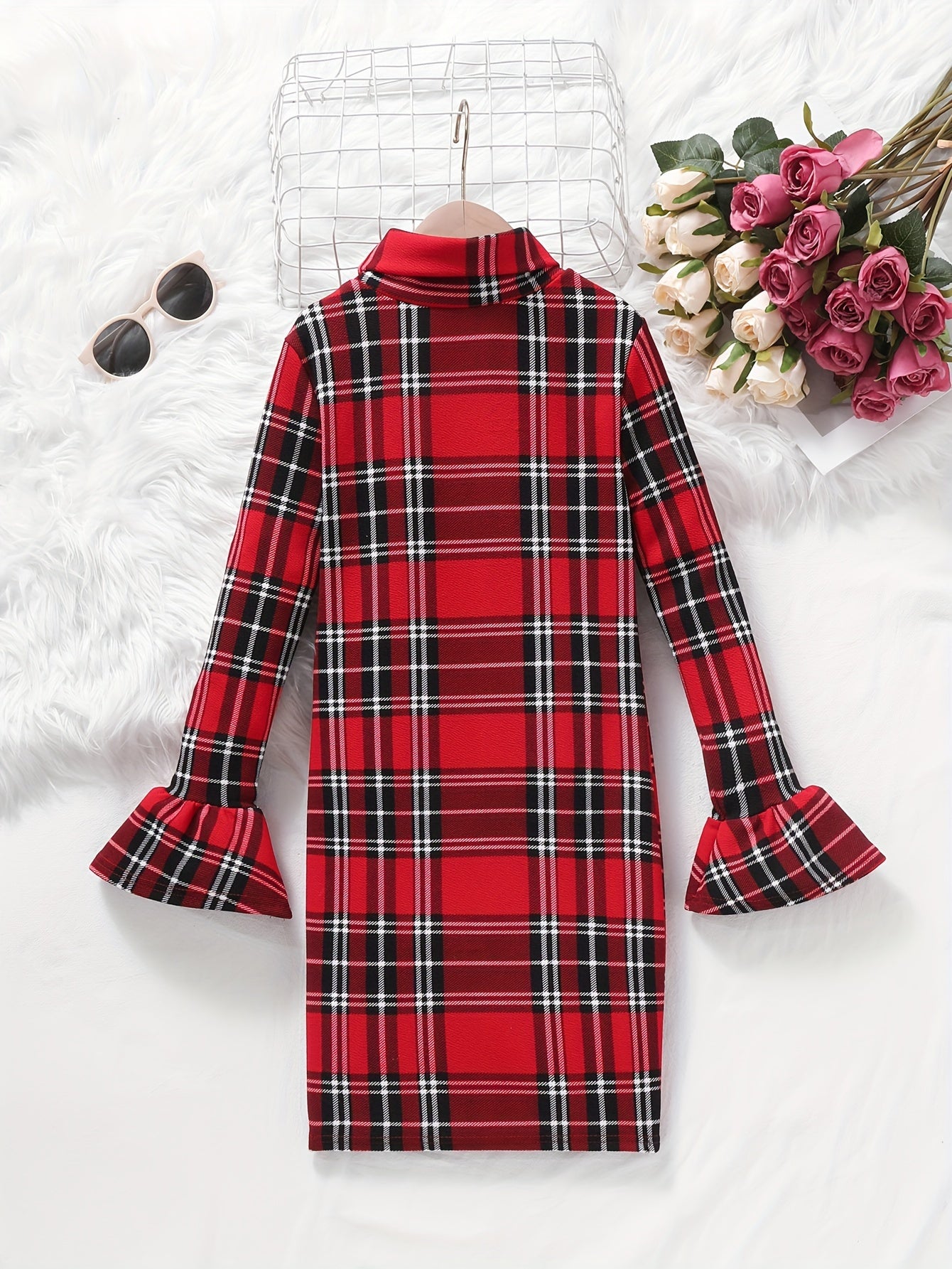 Charming Classic Plaid Long Sleeve Bow Decor Dress for Girls - Vintage-Inspired, Soft and Cozy, Perfect for Spring, Fall, Winter, and Christmas Gift Ideas