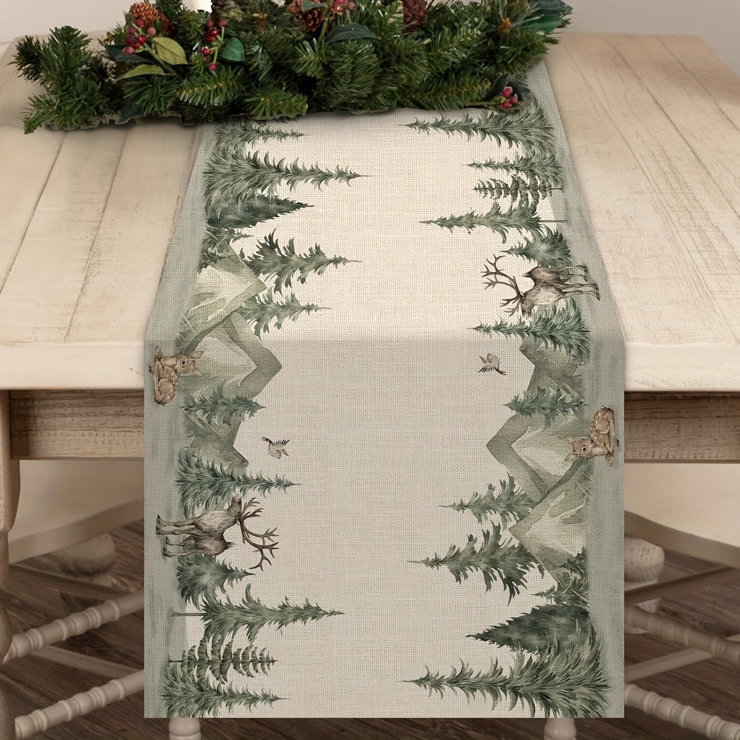Winter Forest Reindeer and Pine Tree Table Runner, Christmas Moose Watercolor Sparrow Kitchen Decor, Seasonal Woodland Holiday Farmhouse Burlap Look Dining Room Decoration, Woven Polyester Rectangular Table Runner with Solid Color Pattern for Christmas Fe