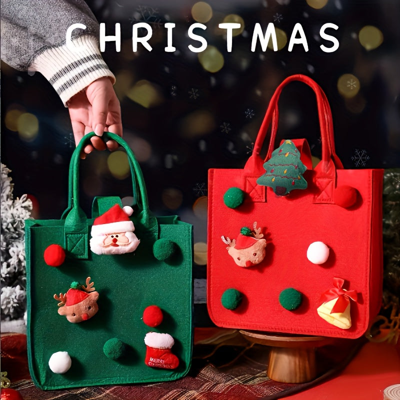 Rustic Christmas Candy Gift Felt Tote Bag for Women, Vintage Style, Non-Washable, Solid Color, Red & Green, No Lining, Cartoon Print, with Fixed Straps and Snap Closure, No Embellishments