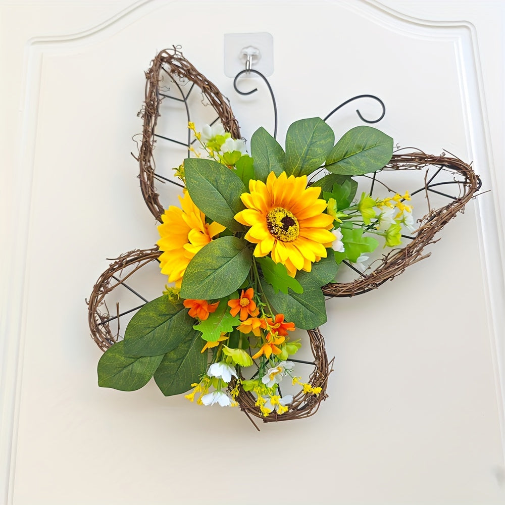 1pc, Spring Wreath, Butterfly Wreath, Sunflower Wreath, For Front Door Decoration, Spring Door Wreath, Spring Farmhouse Wreath, Mother's Day Wreath, Spring, Butterfly, Spring Decoration, Wreath, Autumn Door Decoration, Thanksgiving Wreath