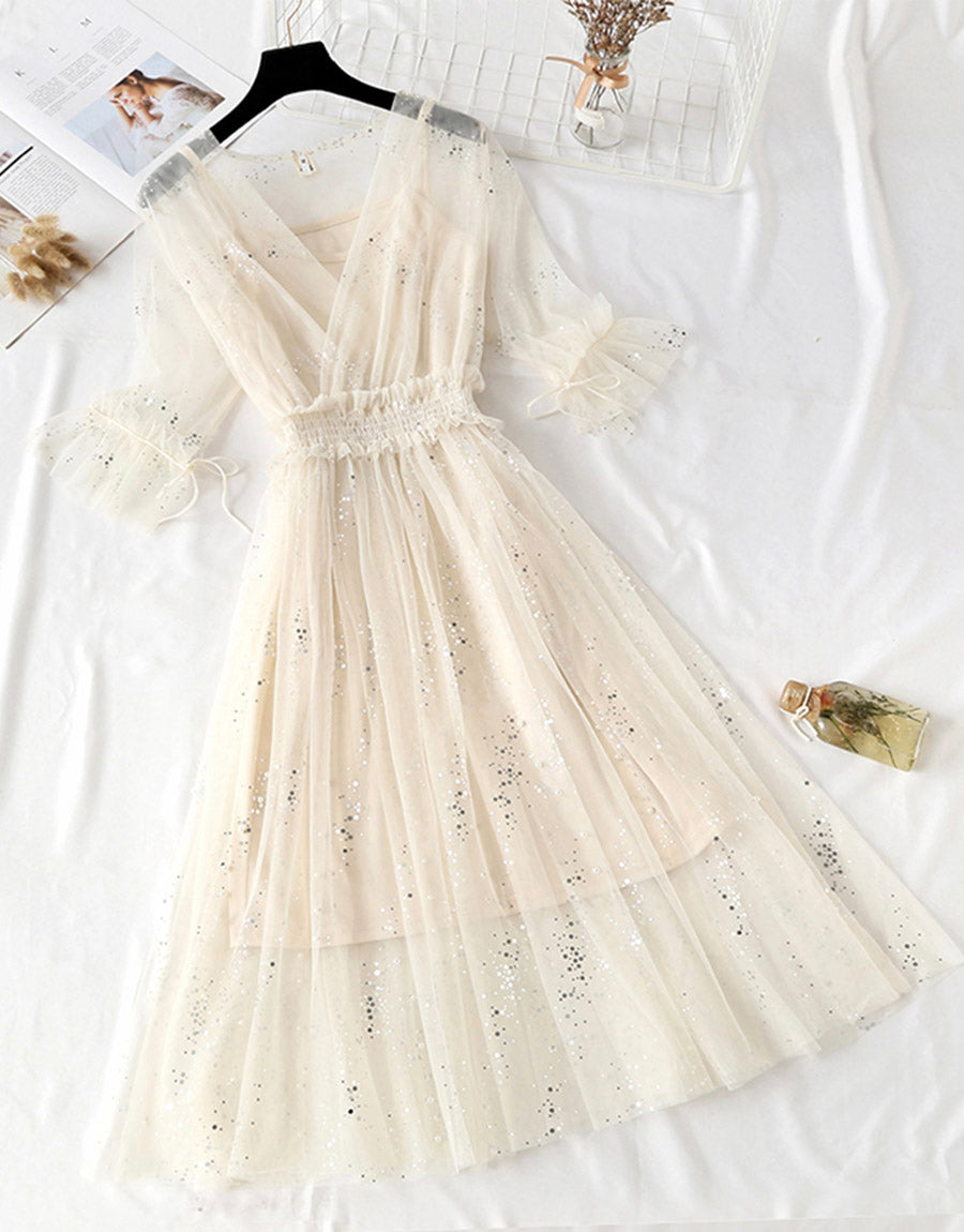 VAKKV A Line Two Pieces Tulle Dress With Sequins P336