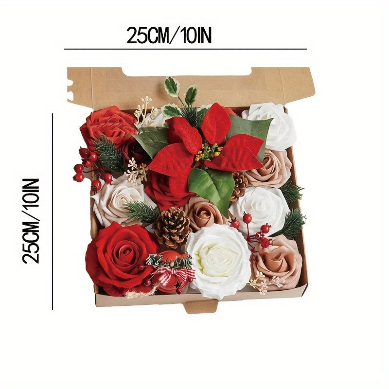 Artificial Christmas Flowers Set, Red Roses & Greenery, DIY Wedding Bouquet, Centerpiece, Home & Kitchen Decor, Plastic, All-Season, for Living Room, Christmas, Halloween, Easter, Thanksgiving, St. Patrick's Day, Rose Type, Tabletop Display, No Power Requ