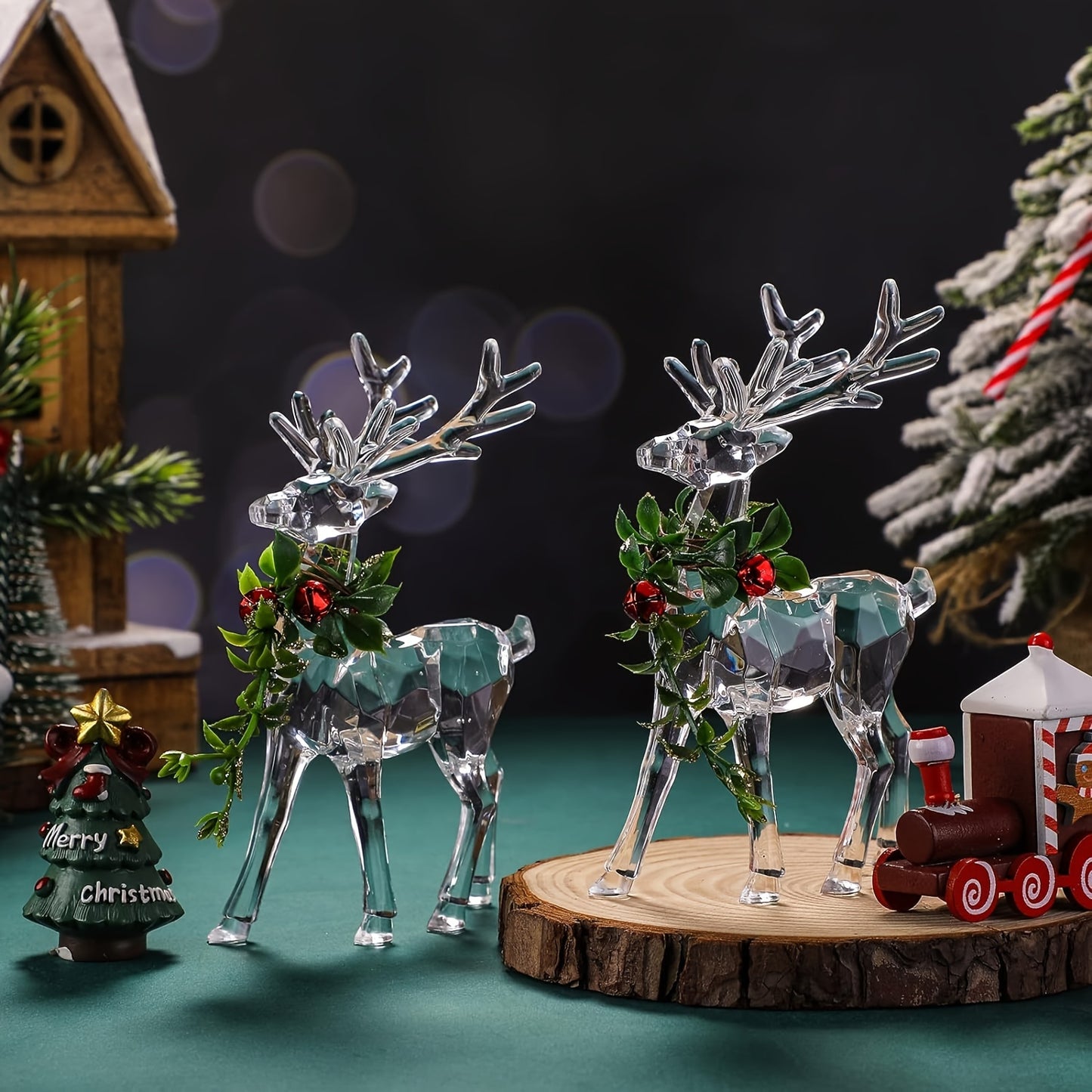 2pcs Vibrant Acrylic Reindeer Ornaments - Clear Deer Figurines with Red Bells, Sparkling Tabletop Decorations for Holiday Table Centerpiece, Christmas Decor, Festive Home Decorations, Indoor Decor