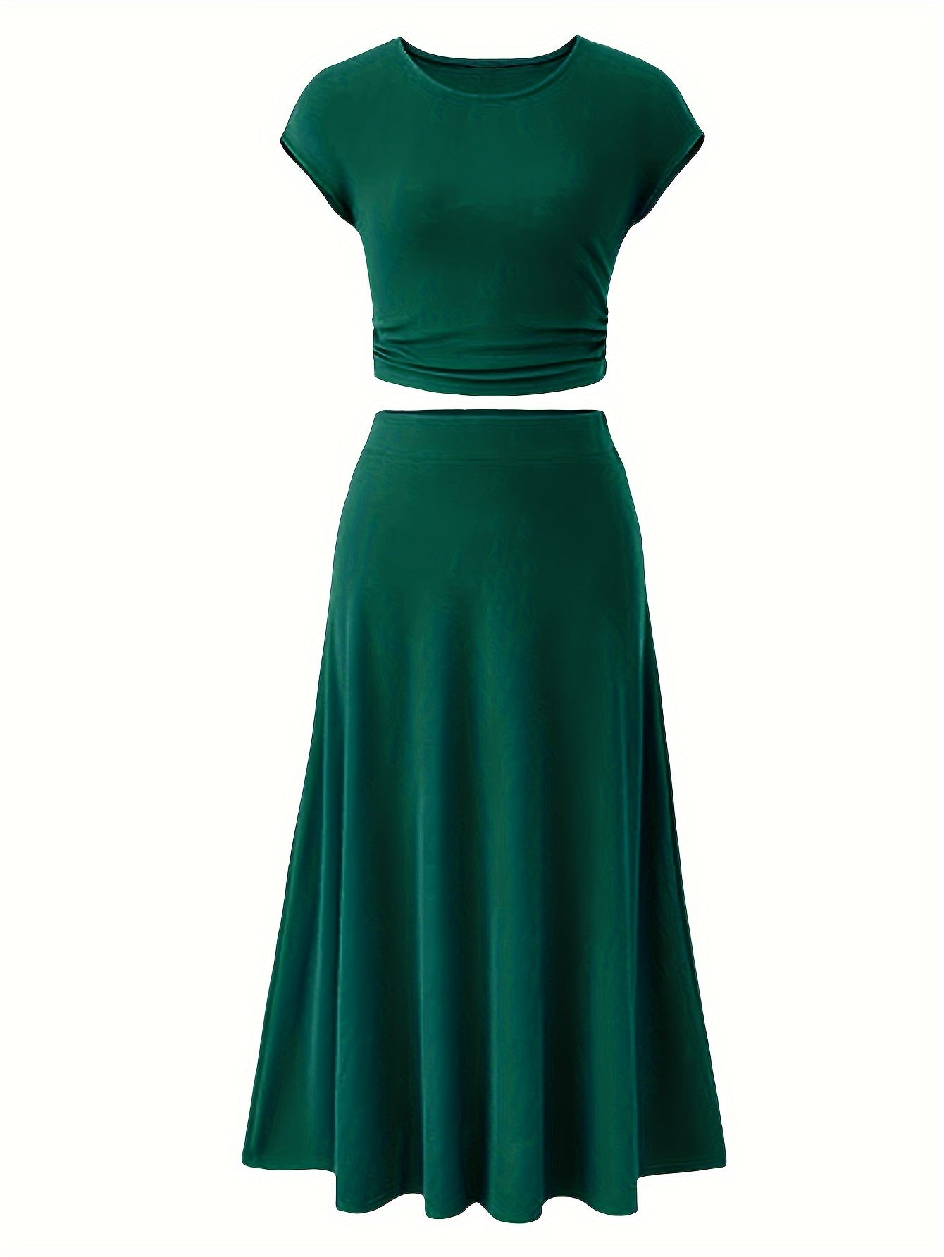 Chic Solid Color Casual Skirt Set - Ruched Crop T-shirt with Cap Sleeve, High Waist Flared Skirt, Comfortable Crew Neck, Women's Clothing for Everyday Wear