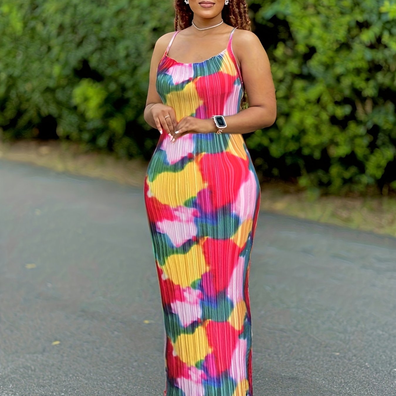 VAKKV Vibrant Tie-Dye Bodycon Dress - Pleated Design, Spaghetti Straps, Summer Chic for Women