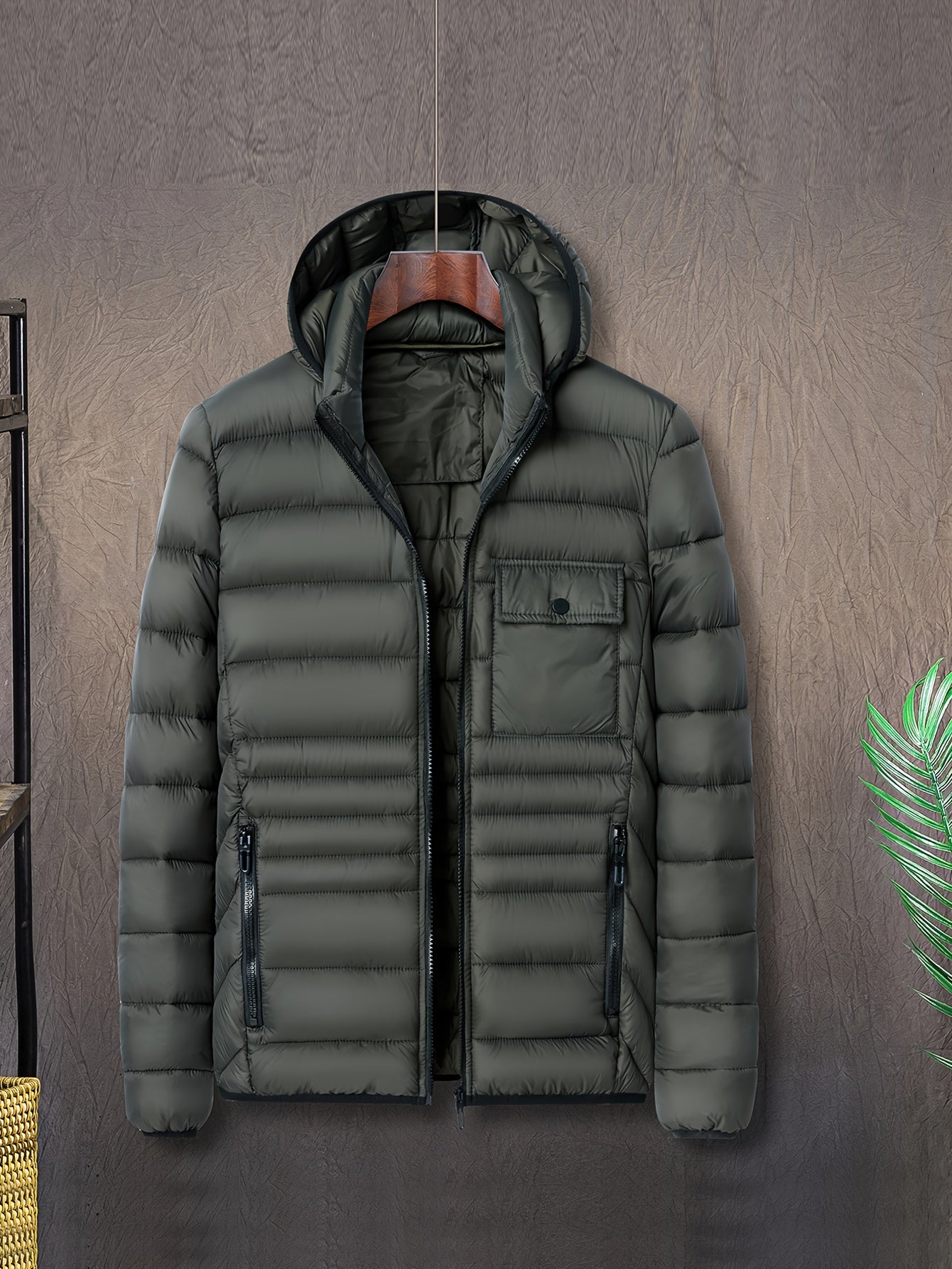 Men's Solid Color Hooded Puff Jacket, Long Sleeve Stand Collar Comfy Warm Trendy Winter Faux Down Coat As Gift