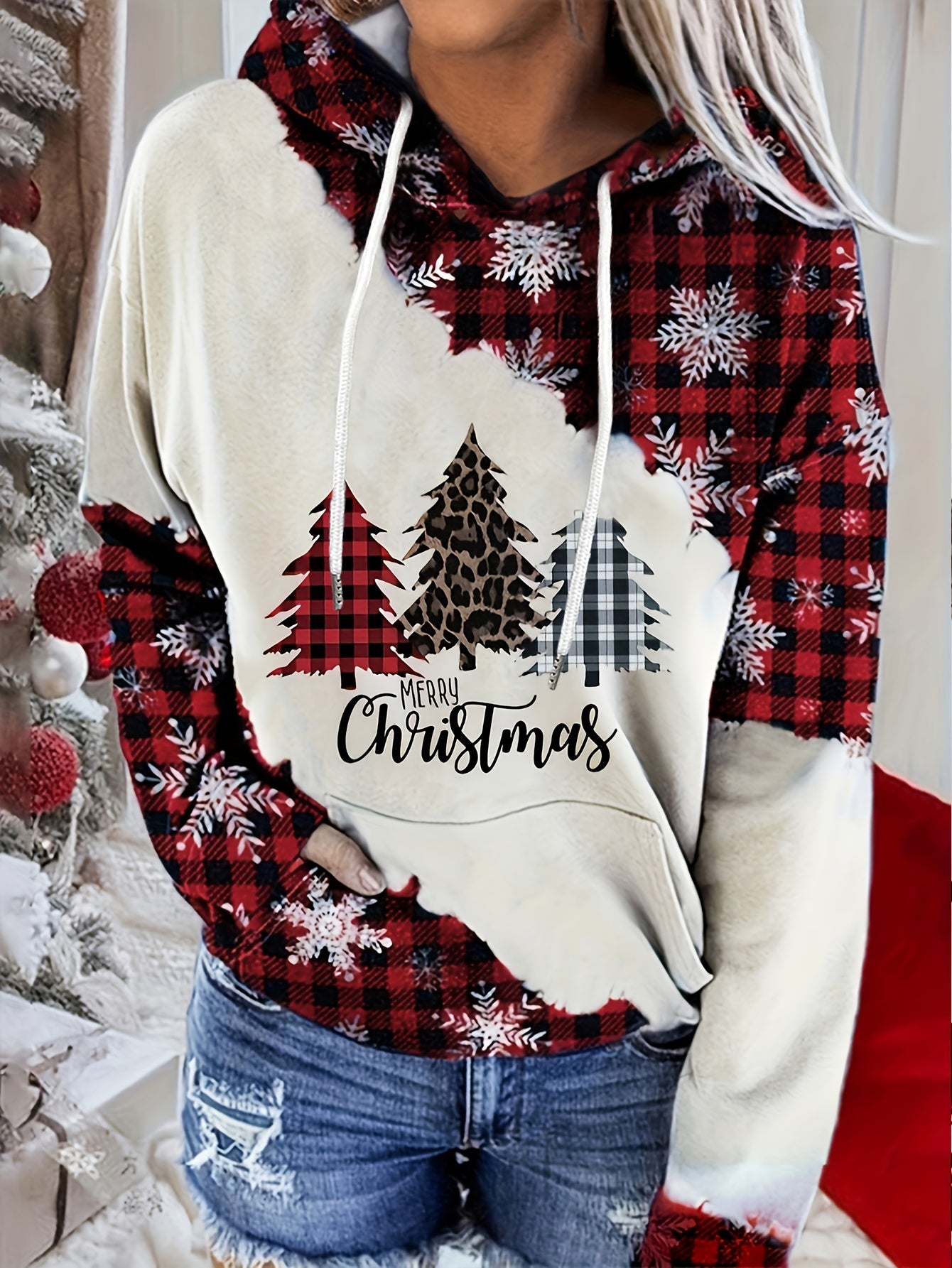 Cozy Festive Christmas Print Drawstring Hoodie - Women's Fashion Hoodies - Long Sleeve Drop Shoulder, Soft Casual Sweatshirt with Relaxed Fit and Adjustable Drawstring