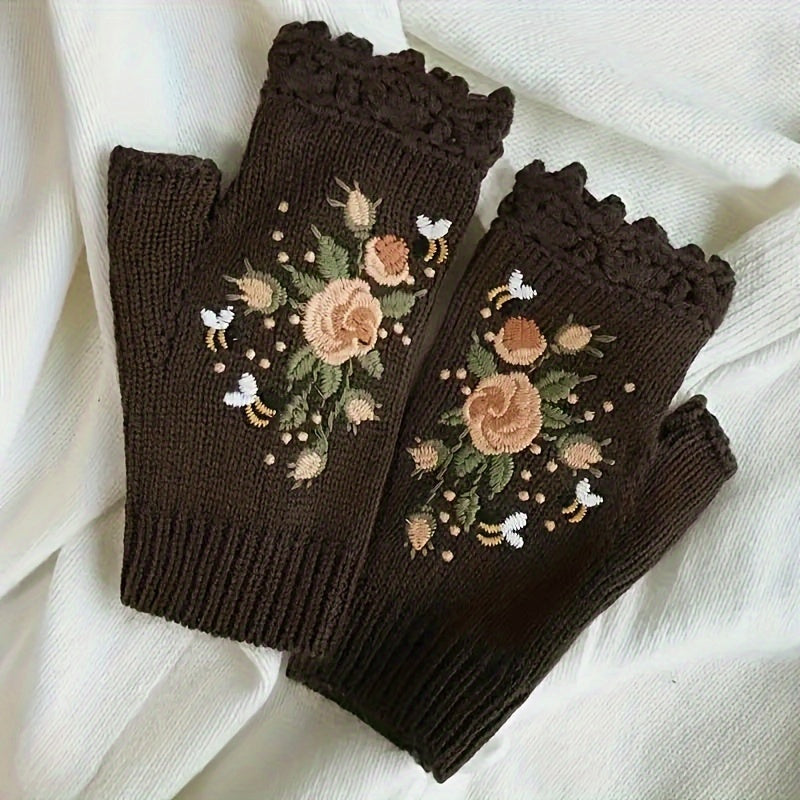 Vintage-Inspired Embroidered Floral Knit Gloves with Lace Trim - Touchscreen Compatible, Warm Half Finger Design for Women, Perfect for Fall & Winter