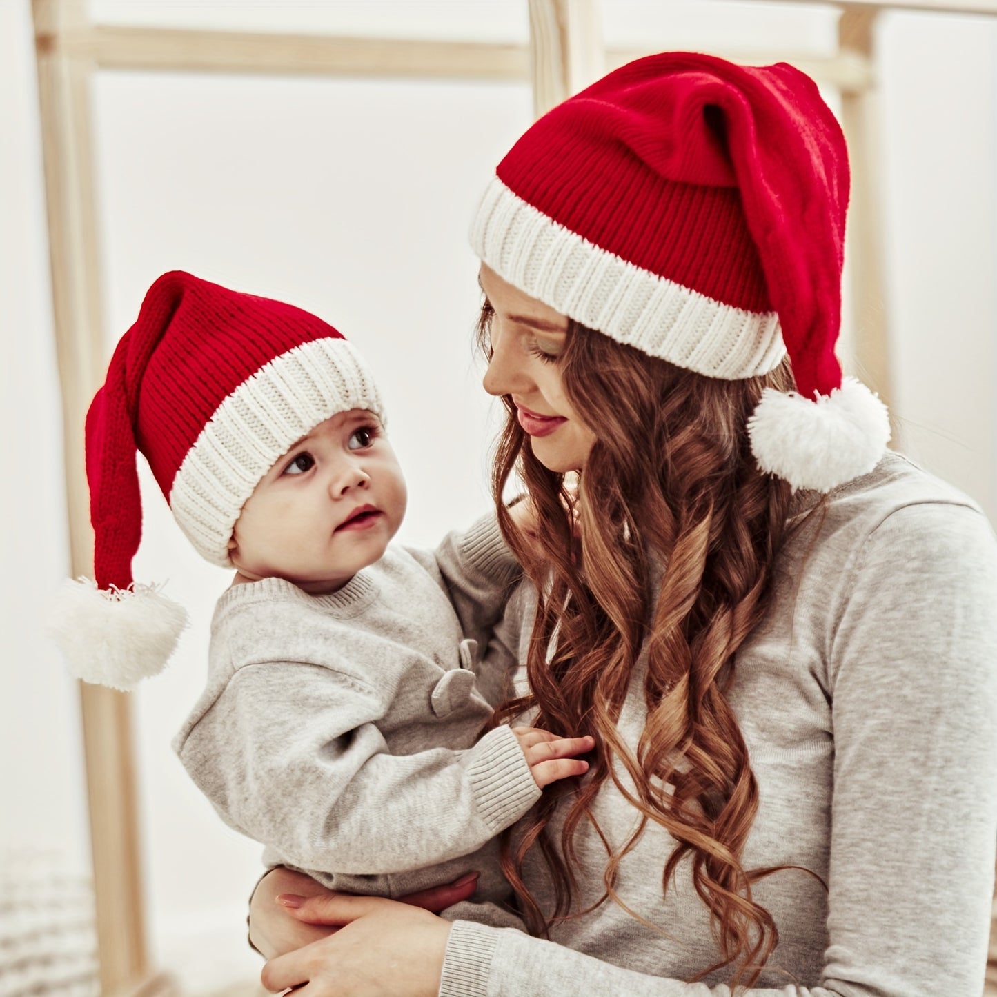 Cozy Family Matching Knit Beanie with Pom-Pom - Vintage Style, Acrylic Fiber, Red - Perfect for Christmas & Winter Warmth