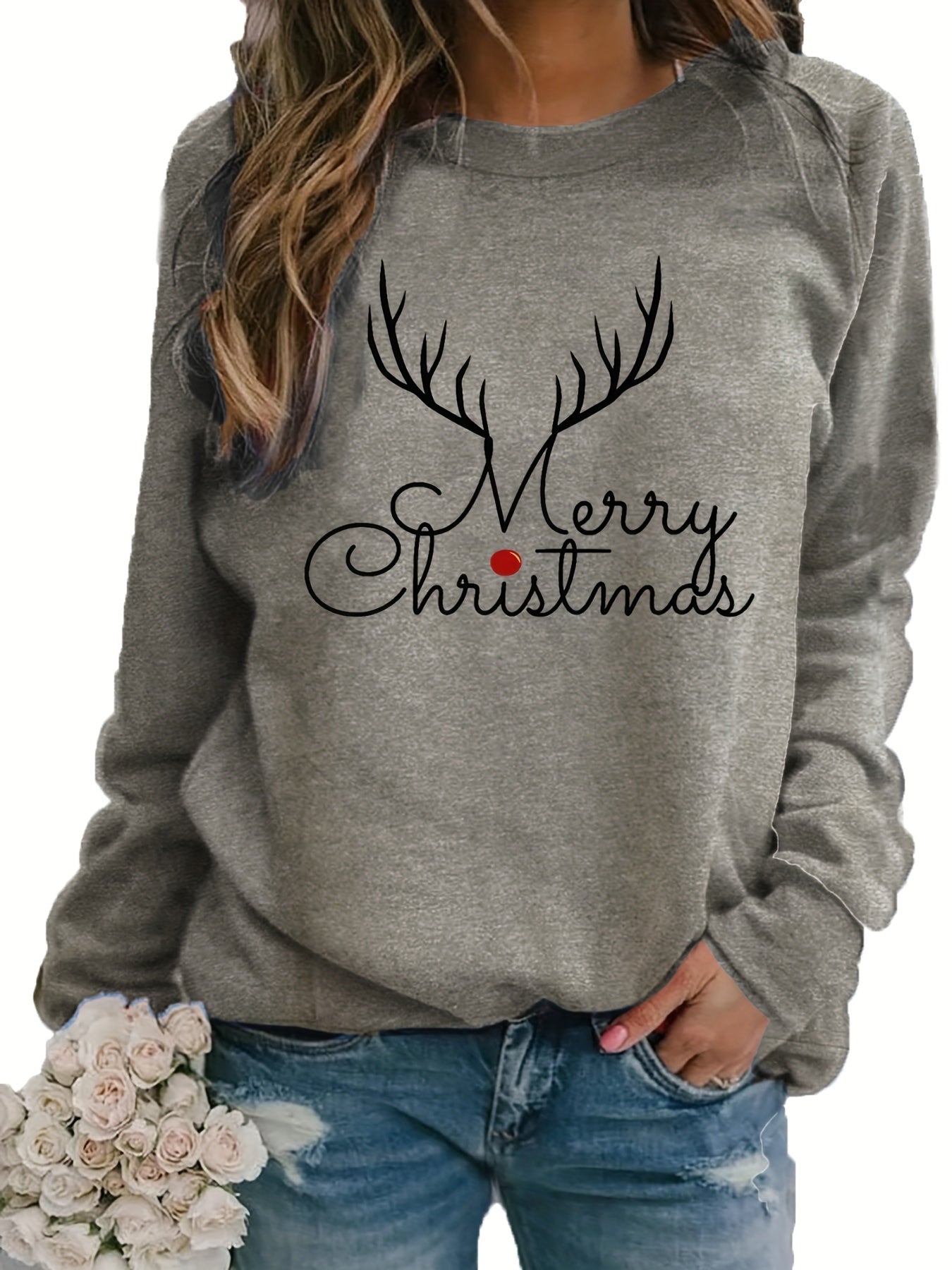 Women's Festive Christmas Print Sweatshirt - Casual Crew Neck, Long Sleeve Pullover for Fall & Spring, Cotton Blend
