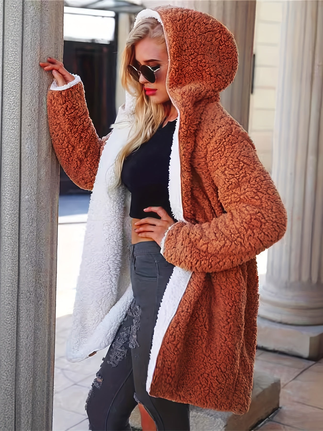Color Block Open Front Hoodie Sherpa Coat, Casual Long Sleeve Coat For Fall & Winter, Women's Clothing
