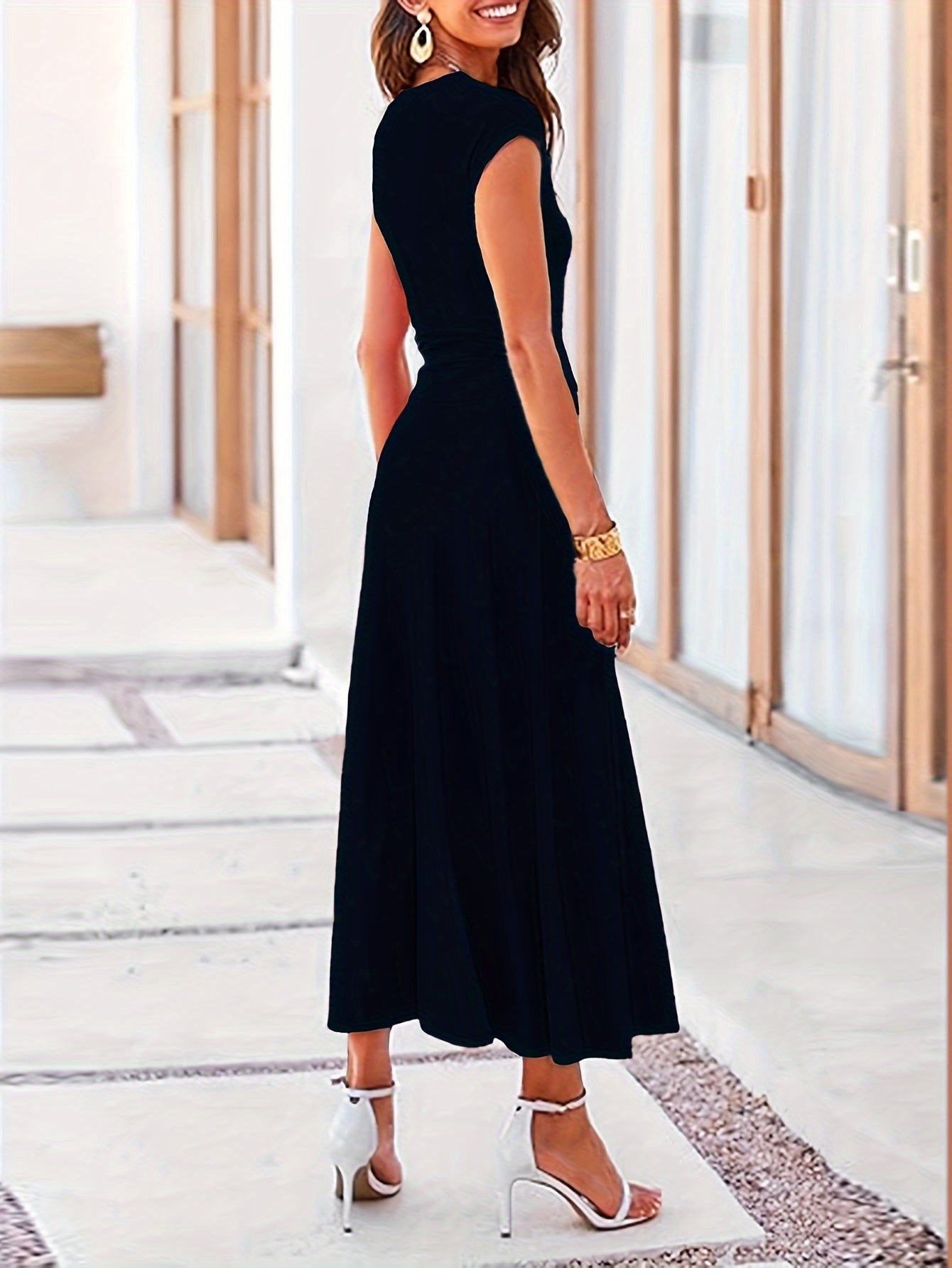 Chic Solid Color Casual Skirt Set - Ruched Crop T-shirt with Cap Sleeve, High Waist Flared Skirt, Comfortable Crew Neck, Women's Clothing for Everyday Wear