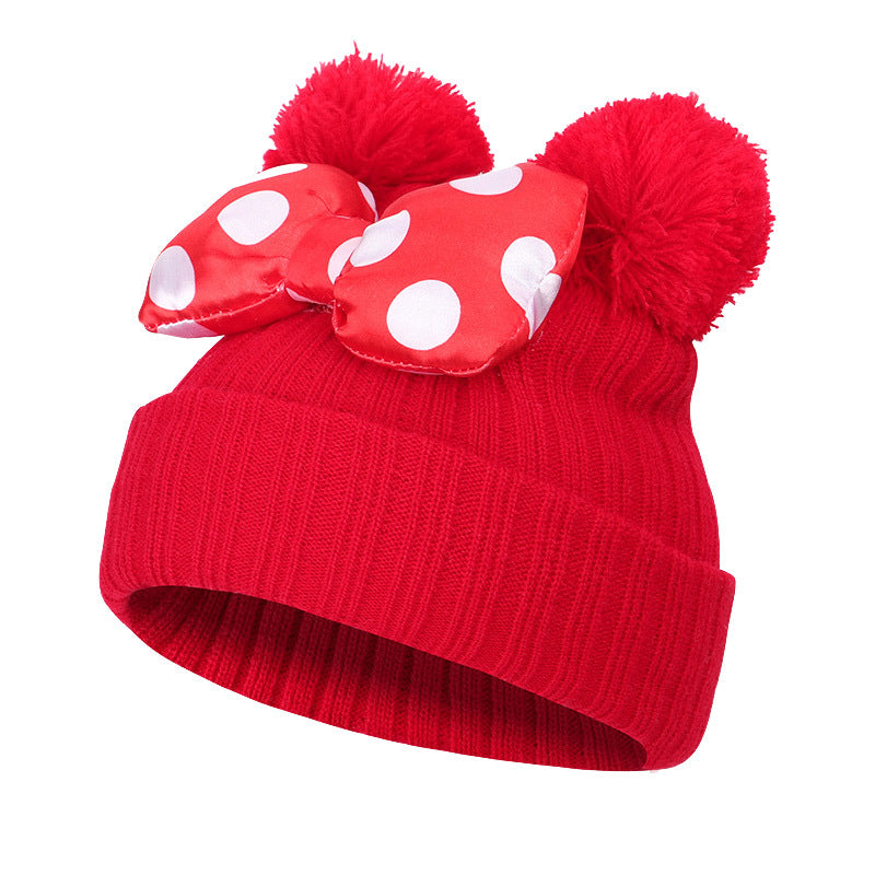 Toddler Beanie With Bow Decor, Knited Hat, Double Pom Pom Polka Dot Warm Winter Cap For Baby Girls