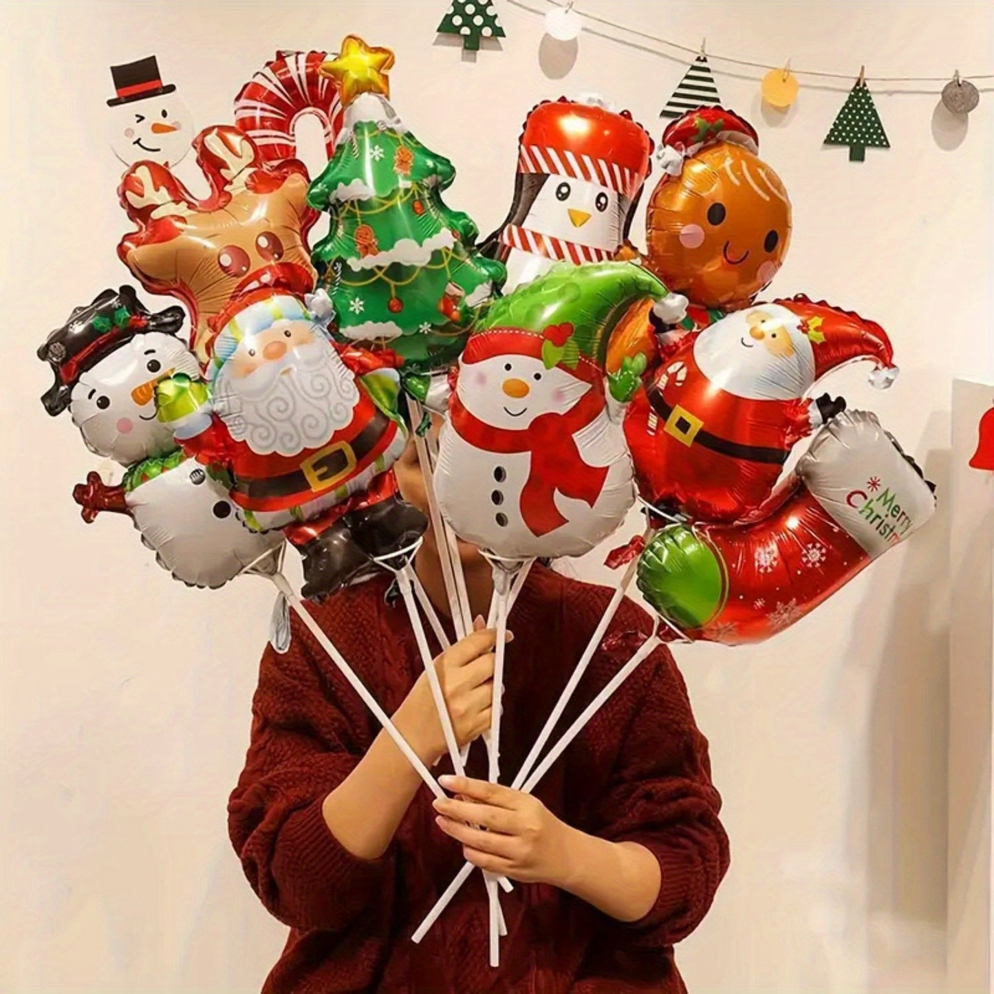 10pcs Mini Cartoon Christmas Balloons Set - Aluminum Film Stick Balloons for Christmas, Birthday, Wedding, Engagement, New Year - Mixed Color Santa, Snowman, Christmas Tree Decorations for Home and Party