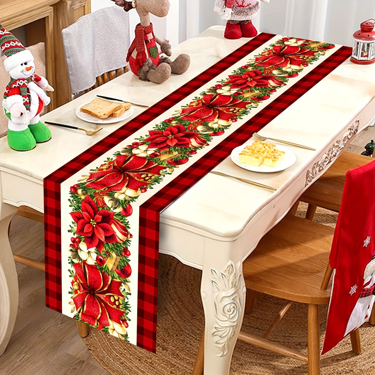 Festive Christmas Table Runner: 1PC Polyester Table Runner with Christmas Floral and Gift Elements, Perfect for Winter Holidays and Family Gatherings