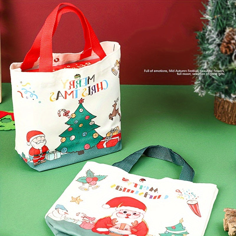 1pc Festive Canvas Tote Bag, Merry Christmas & Happy New Year 2025 Design, Santa Claus & Reindeer Print, Holiday Gift & Grocery Handbag, Uncharged, Durable Material