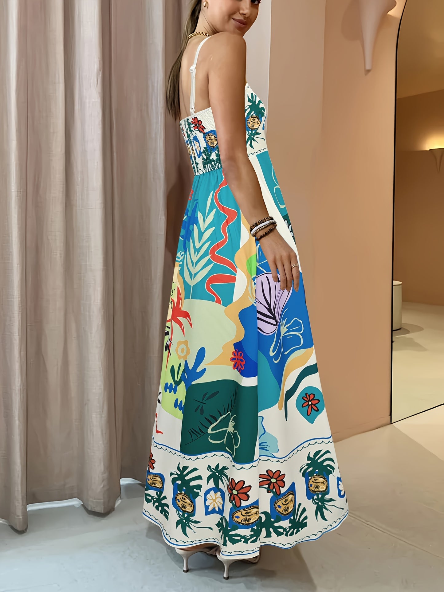 VAKKV Vibrant Graffiti Print Dress - Stylish Square Neckline, Daring Backless Design, Delicate Spaghetti Straps, Flattering High Waist Silhouette, Chic Cami Style - Perfect for Women, Ideal for Casual Occasions, Womens Clothing