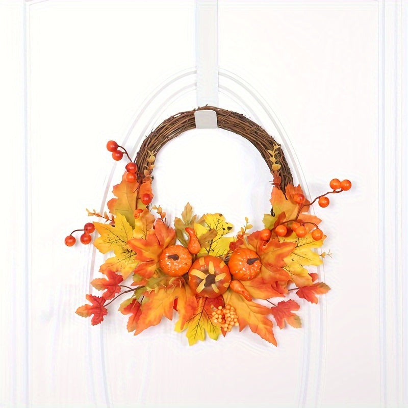 Autumn Harvest 15.8" Artificial Pumpkin & Maple Leaf Wreath - Perfect for Thanksgiving, Halloween, and Christmas Decor | Versatile Indoor/Outdoor Wall Hanging