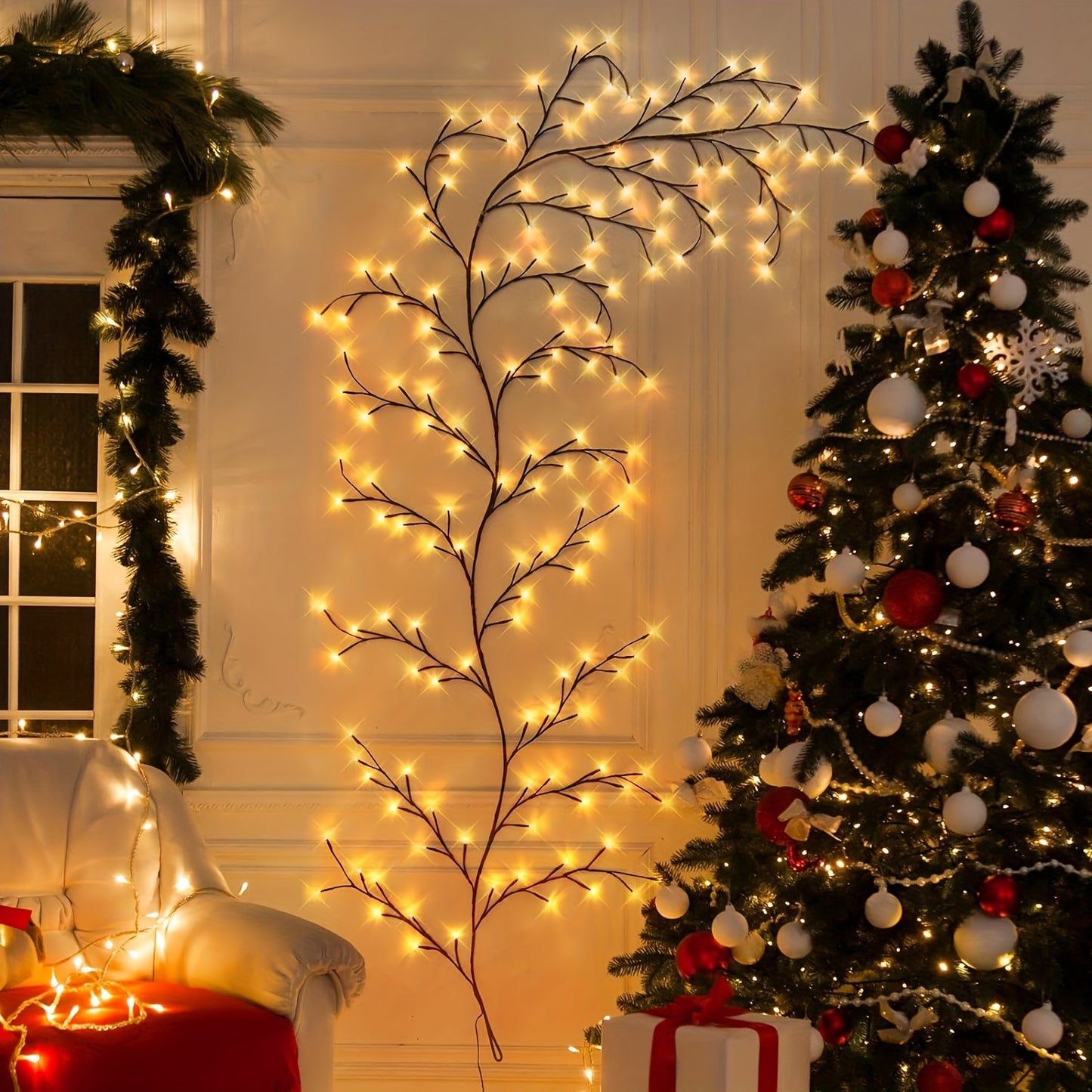 1.8m/5.9Ft Artificial Plants Tree Branches Vines For Room Decor, 96 LEDs Enchanted Willow Vine Lights For Christmas Decorations Indoor Home Decor Halloween Gift