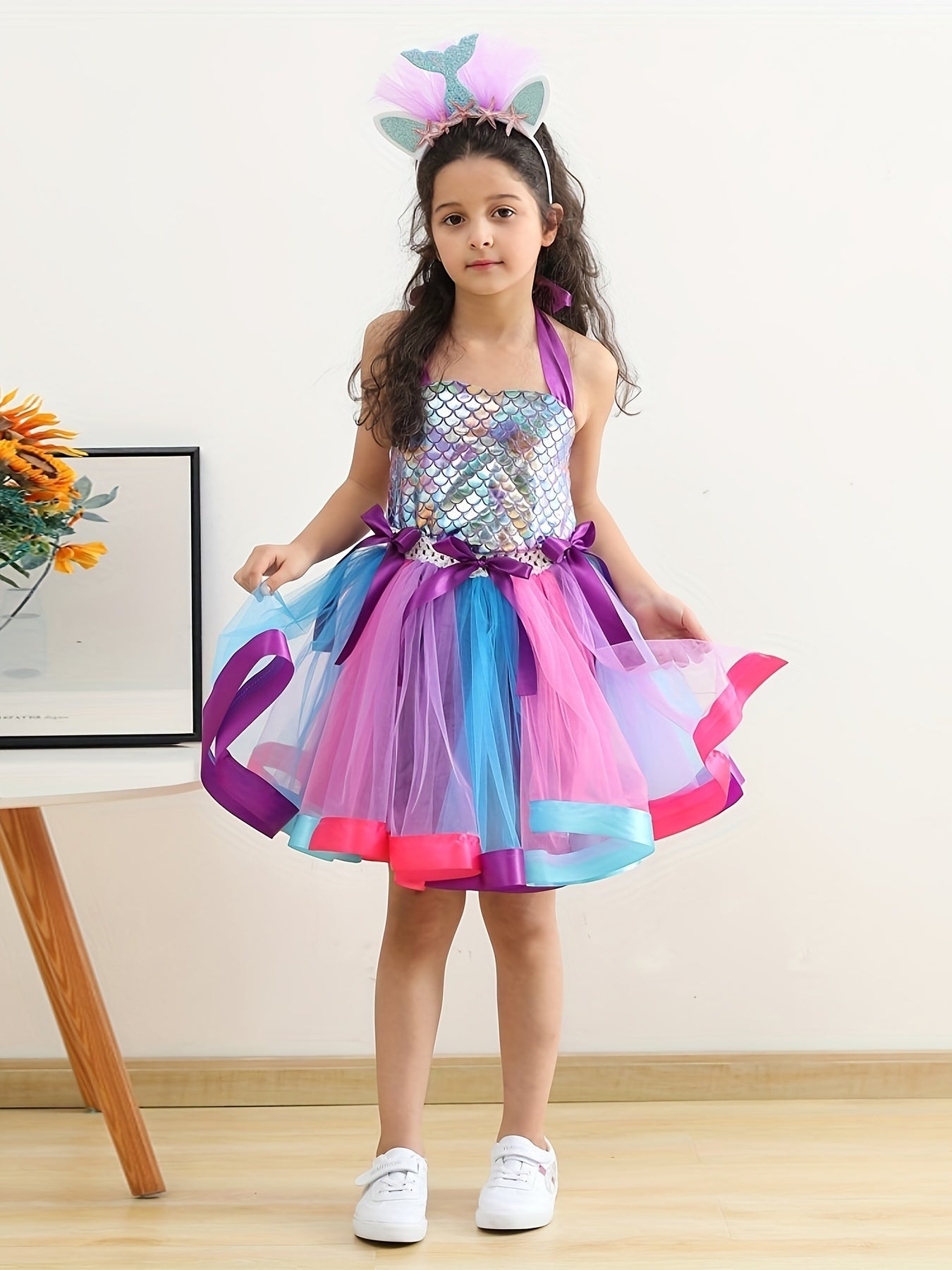 Tutu Dress and Headband Set - Sparkling Fish Scale Pattern Mesh Outfit for Girls - Perfect for Christmas, Halloween, Birthday Party, Performance, and Gift-Giving Occasions