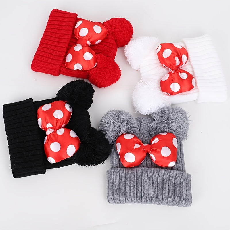 Toddler Beanie With Bow Decor, Knited Hat, Double Pom Pom Polka Dot Warm Winter Cap For Baby Girls