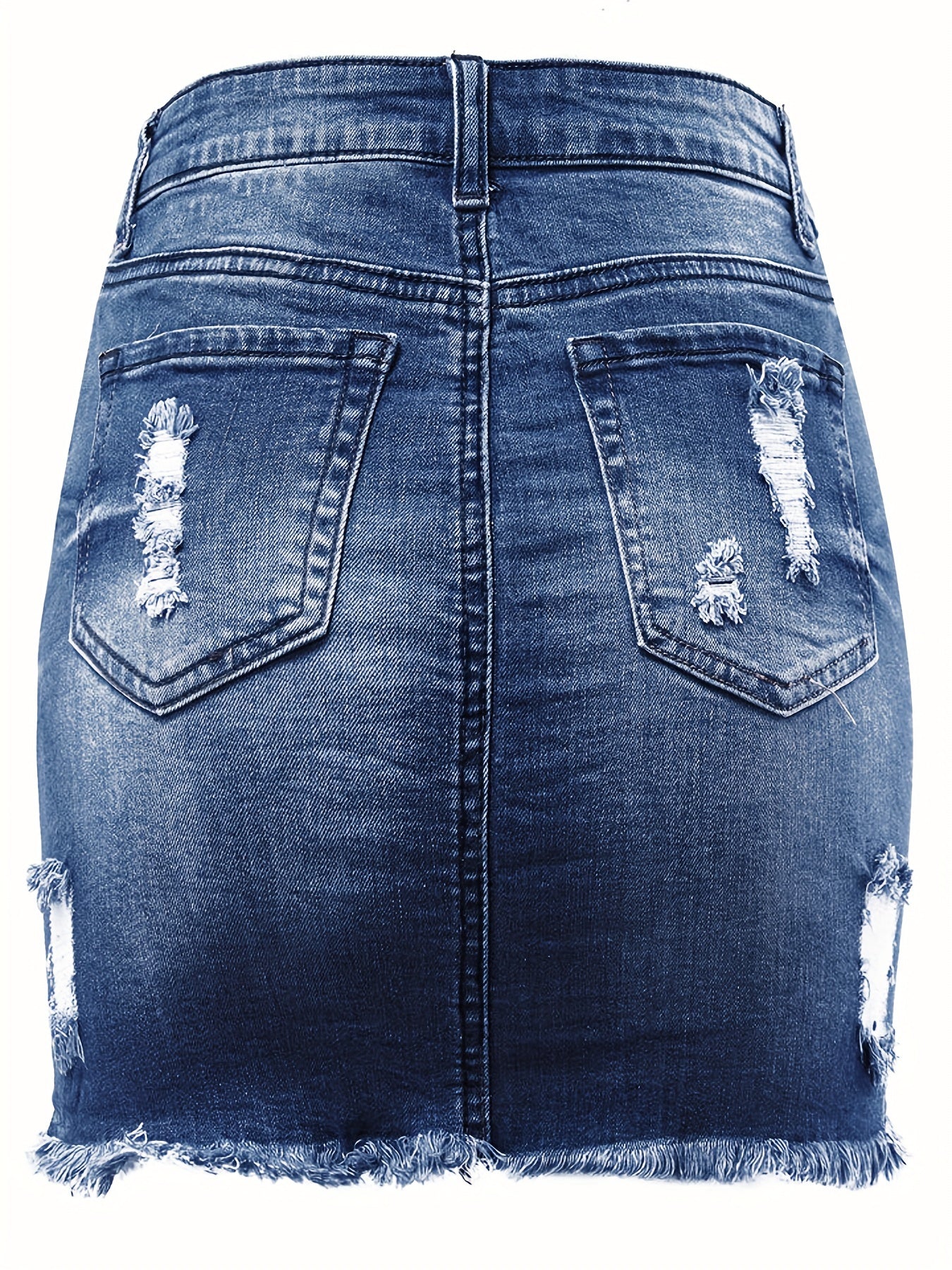 Plain Ripped Holes Denim Mini Skirt, Raw Hem High Stretch Distressed Denim Skirt, Women's Denim Clothing