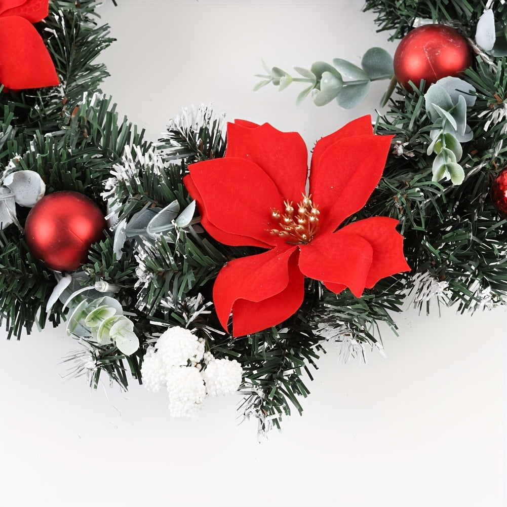 15.7 Inch Christmas Wreath Door Wall Ornament Artificial Wreath, Green Rattan With Red Flower And Ball Decorations And Battery Operated LED Lights For Home Stairs Fireplace Front Porch Door Display Indoor Outdoor Christmas Party Decor