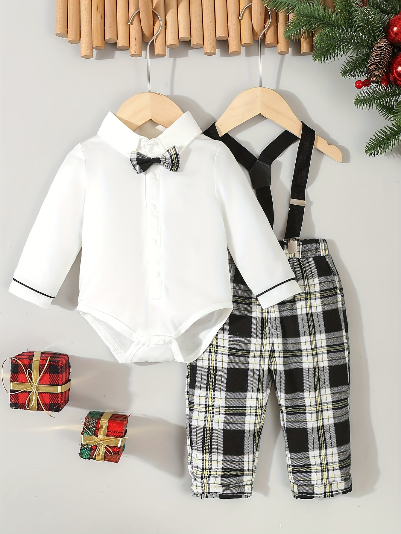 2pcs, Bodysuit With A Bow Tie And Xmas/Black And Grey Plaid Suspenders Pants For Baby Boys, Outdoor Cloth
