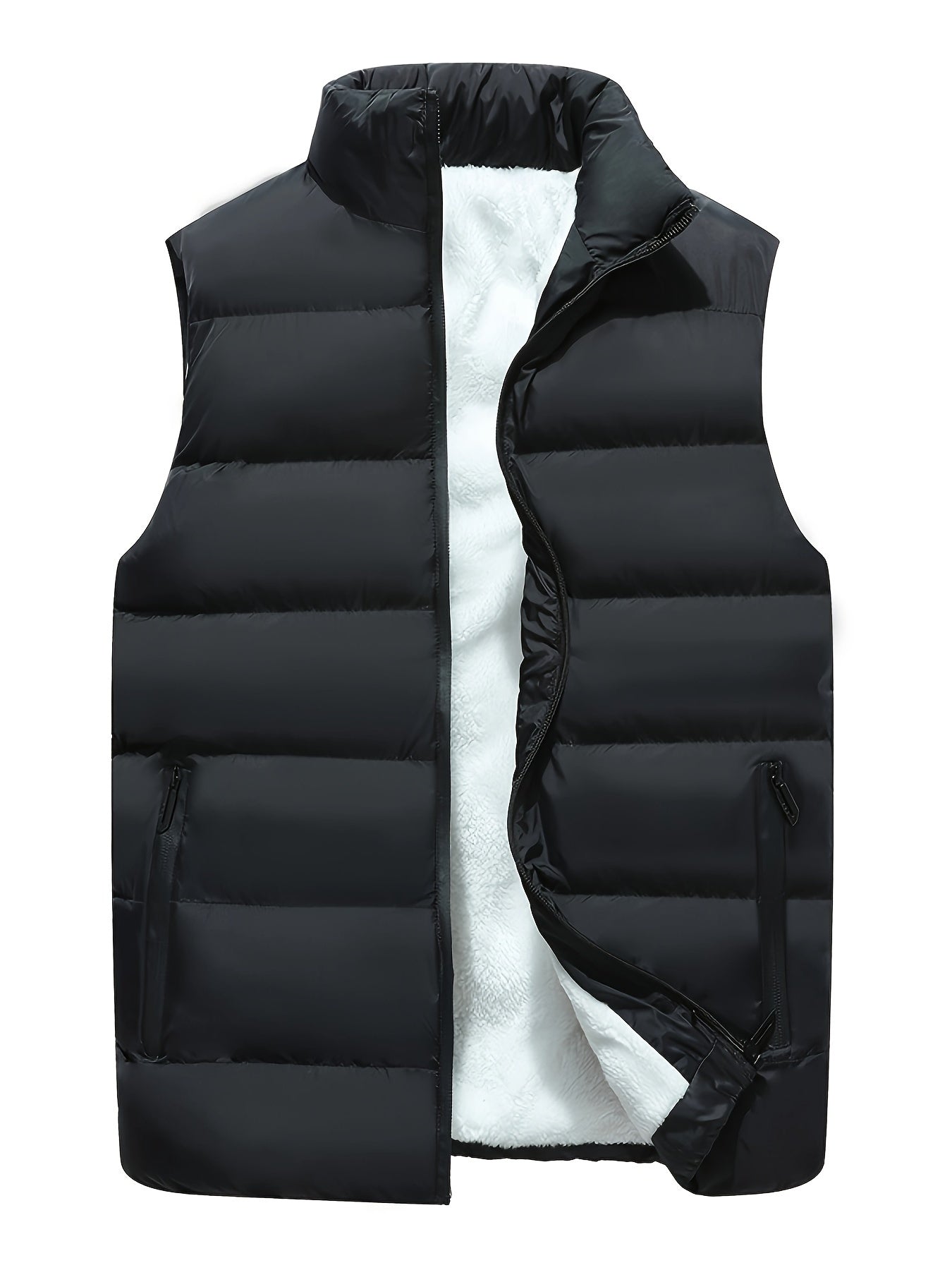Men's Solid Sleeveless Stand Collar Down Jacket Vest With Zip Up And Pockets, Casual And Warm Tops For Autumn And Winter Wear