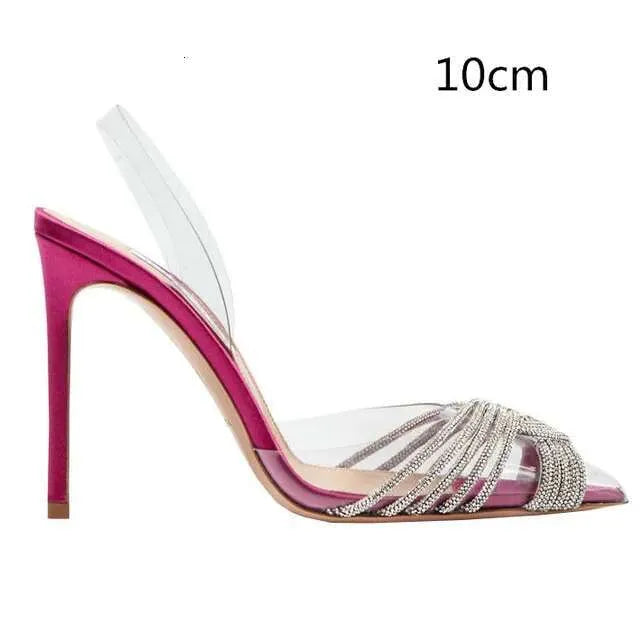 Summer New Women's Roman Rear Strap Pumps Transparent Baotou Rhinestone Pointed Toe High Heels Ultra-High Stiletto Heel Kq8