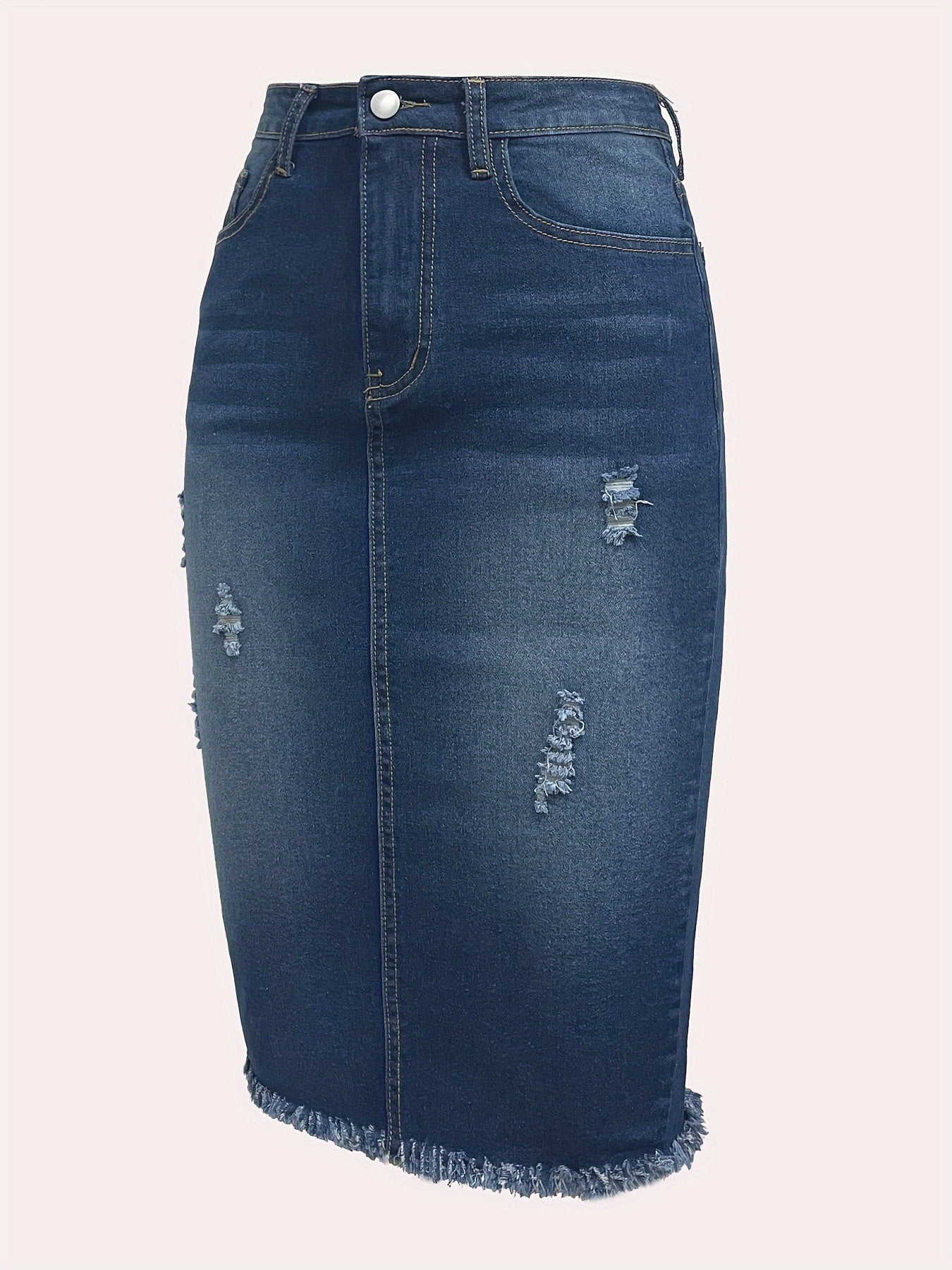 Chic Knee-Length Blue Denim Skirt for Women - Frayed Hem, Ripped Detail, Casual Streetwear Staple for Everyday Fashion