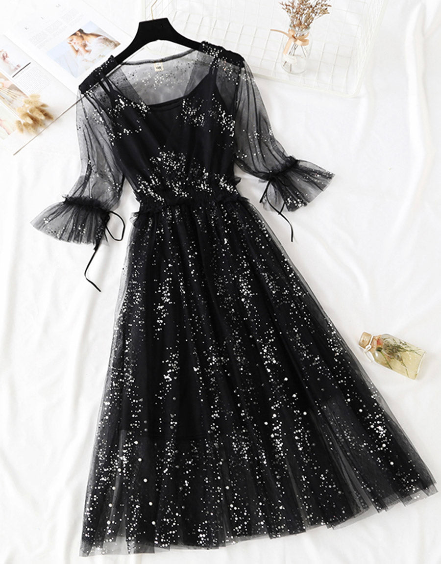 VAKKV A Line Two Pieces Tulle Dress With Sequins P336