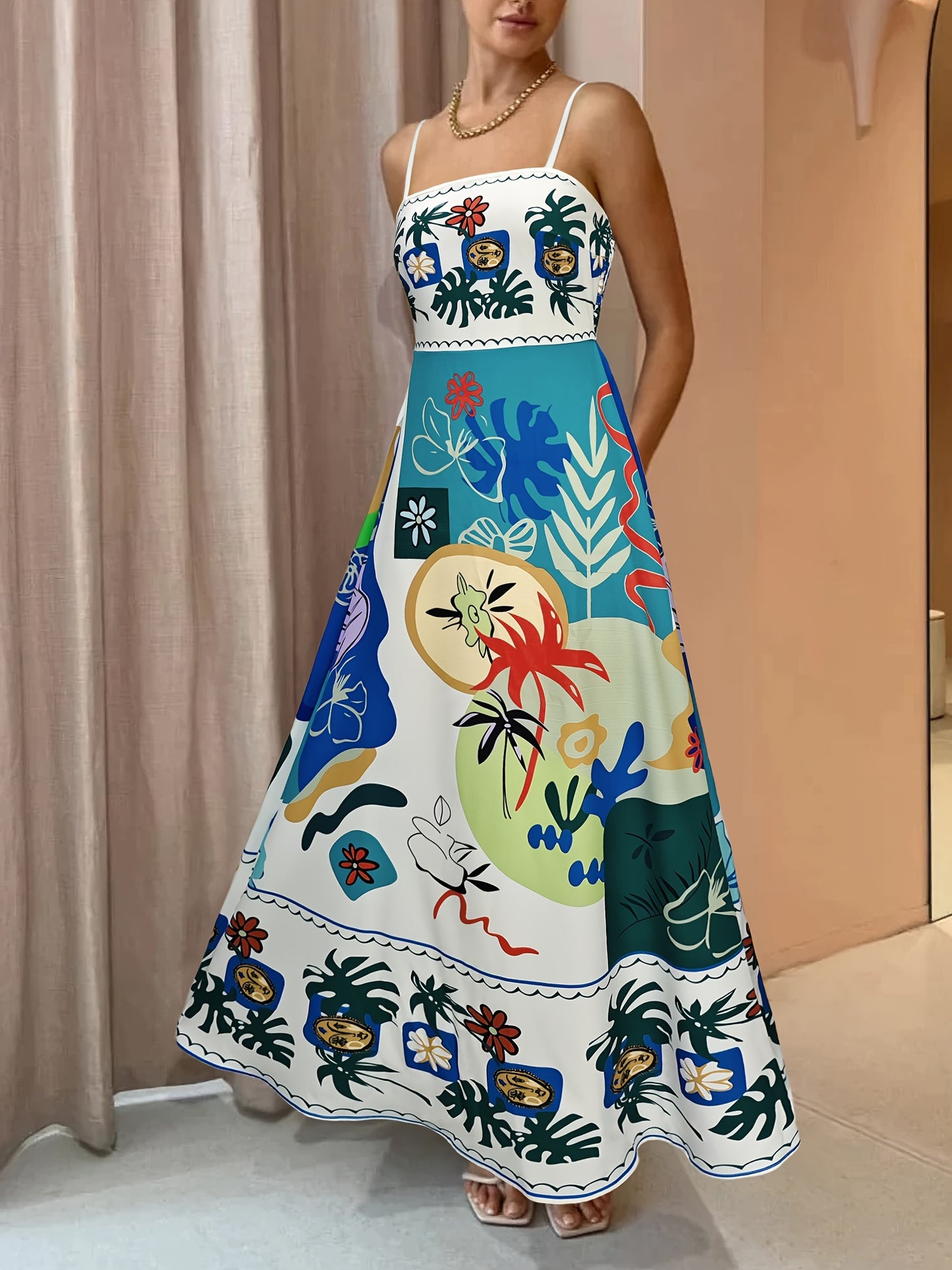 VAKKV Vibrant Graffiti Print Dress - Stylish Square Neckline, Daring Backless Design, Delicate Spaghetti Straps, Flattering High Waist Silhouette, Chic Cami Style - Perfect for Women, Ideal for Casual Occasions, Womens Clothing