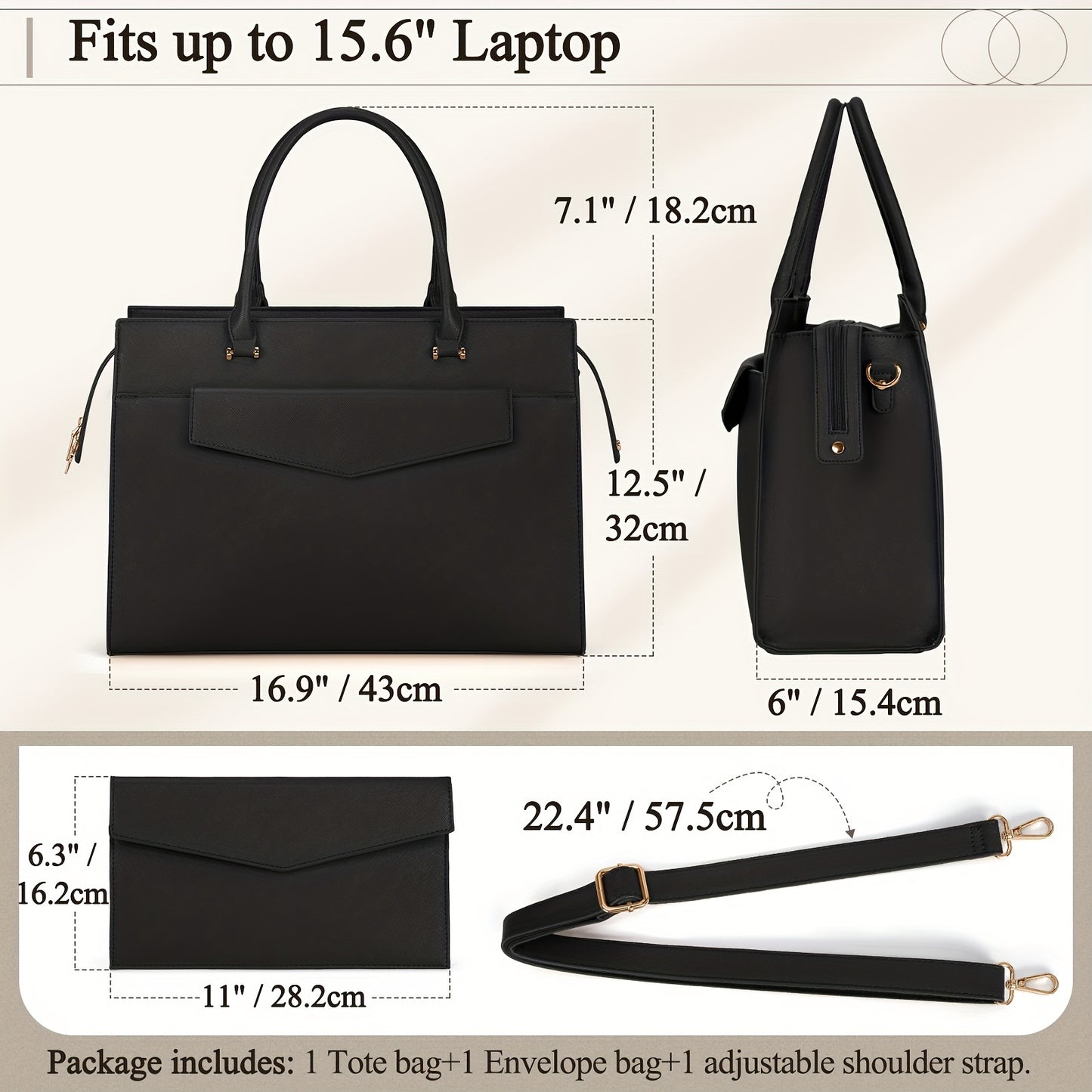 2pcs 15.6 Inch Laptop Bag Set for Women - Professional Work Tote Bag with Clutch Purse, Large Office Computer Bag, Teacher Bag, Shoulder Bag, Black