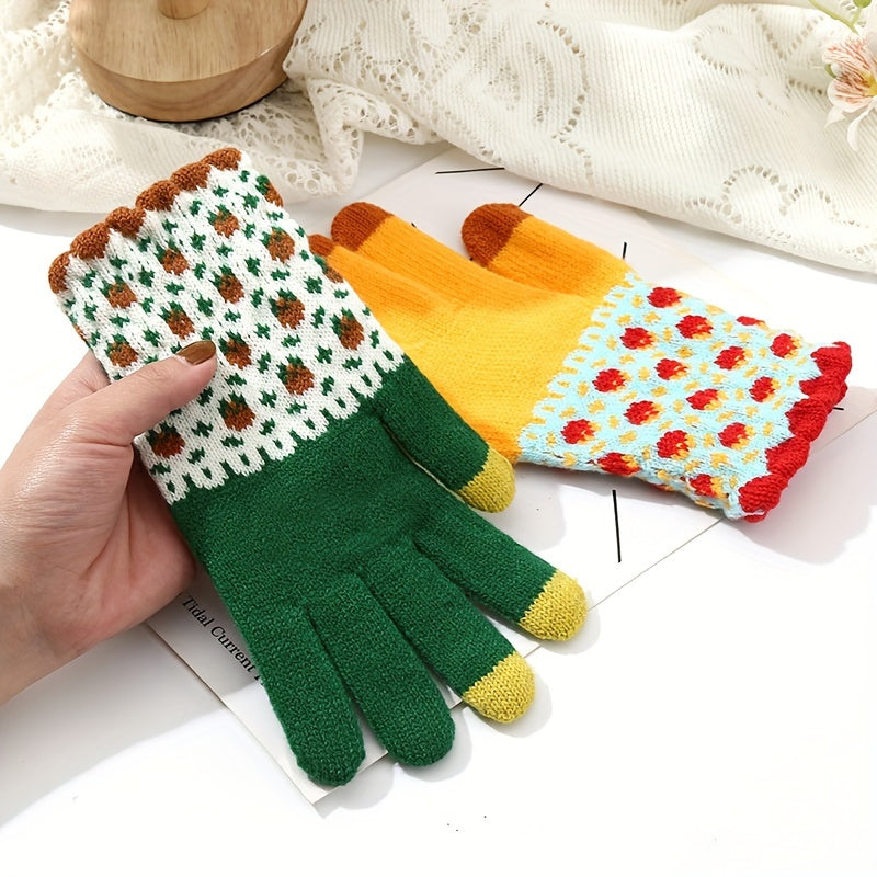 Cozy Knit Winter Gloves with Cute Patterns - Touchscreen Compatible, Windproof & Warm for Cycling and Skiing
