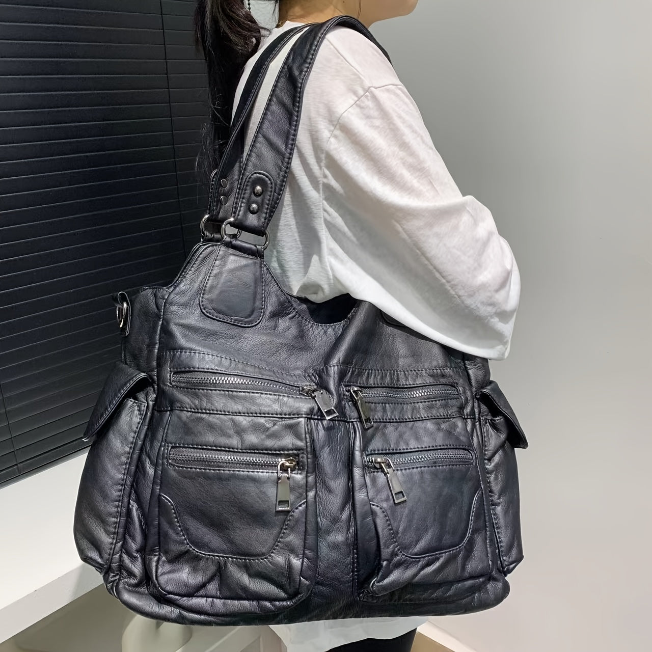 Large Capacity Vintage Multi-Pocket Faux Leather Tote Bag for Women with Removable Strap and Zipper Closure - Polyester Lined Work Bag from Guangzhou with Edge Painted Accessory-Free Design