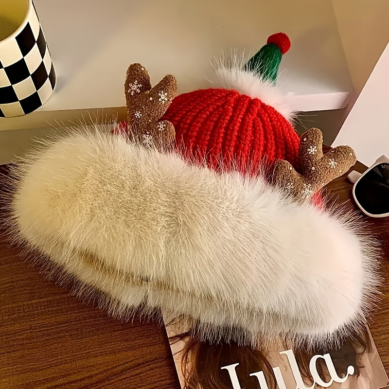 Cozy Faux Fur-Lined Santa Hat for Women - Warm & Comfortable, Perfect for Christmas Parties and Cosplay, Waterproof Knit Cap with Adjustable Fit