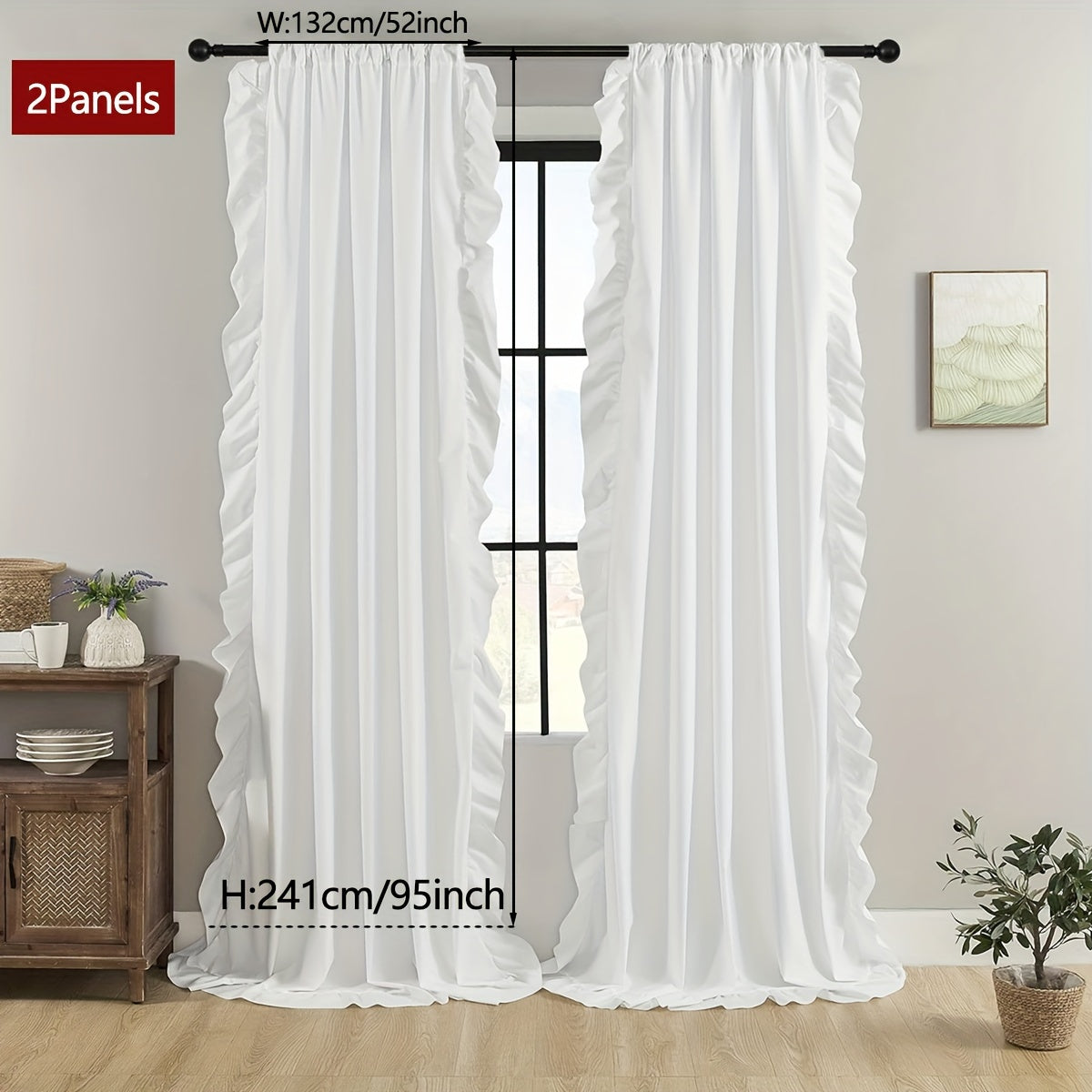 2-Panel French Romantic Ruffled Semi-Blackout Curtains - Elegant White Bay Window Balcony Decor for Living Room and Bedroom - Country Chic Home Decor with Soft Ruffles and Easy Hang Design