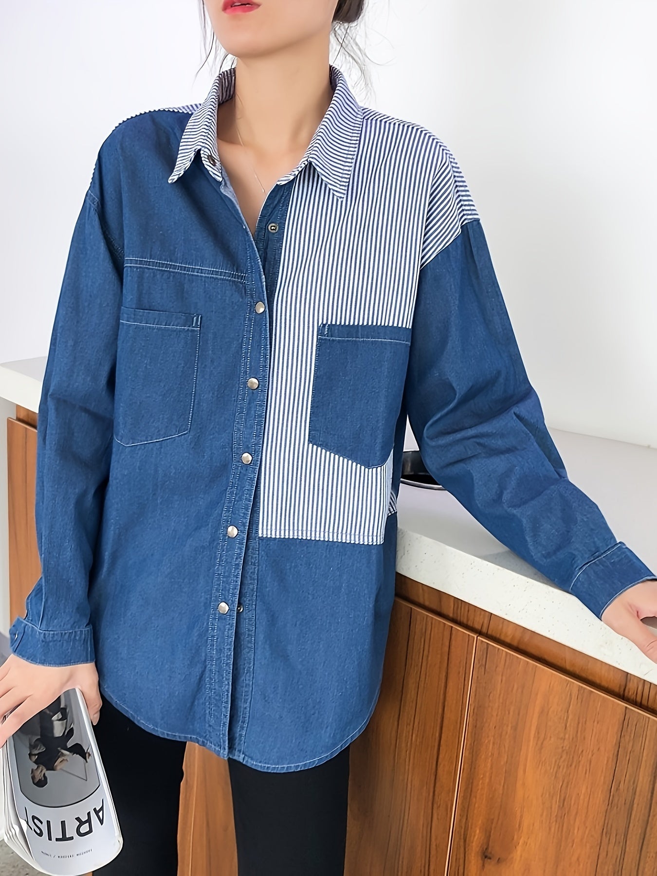 Long Sleeve Relaxed Fit Womens Denim Shirt Top - Soft Non-Stretch Fabric, Casual Polo Style, Color Block Patchwork Blue with Striped Details, Spring/Summer Collection, Button Front, Woven Construction