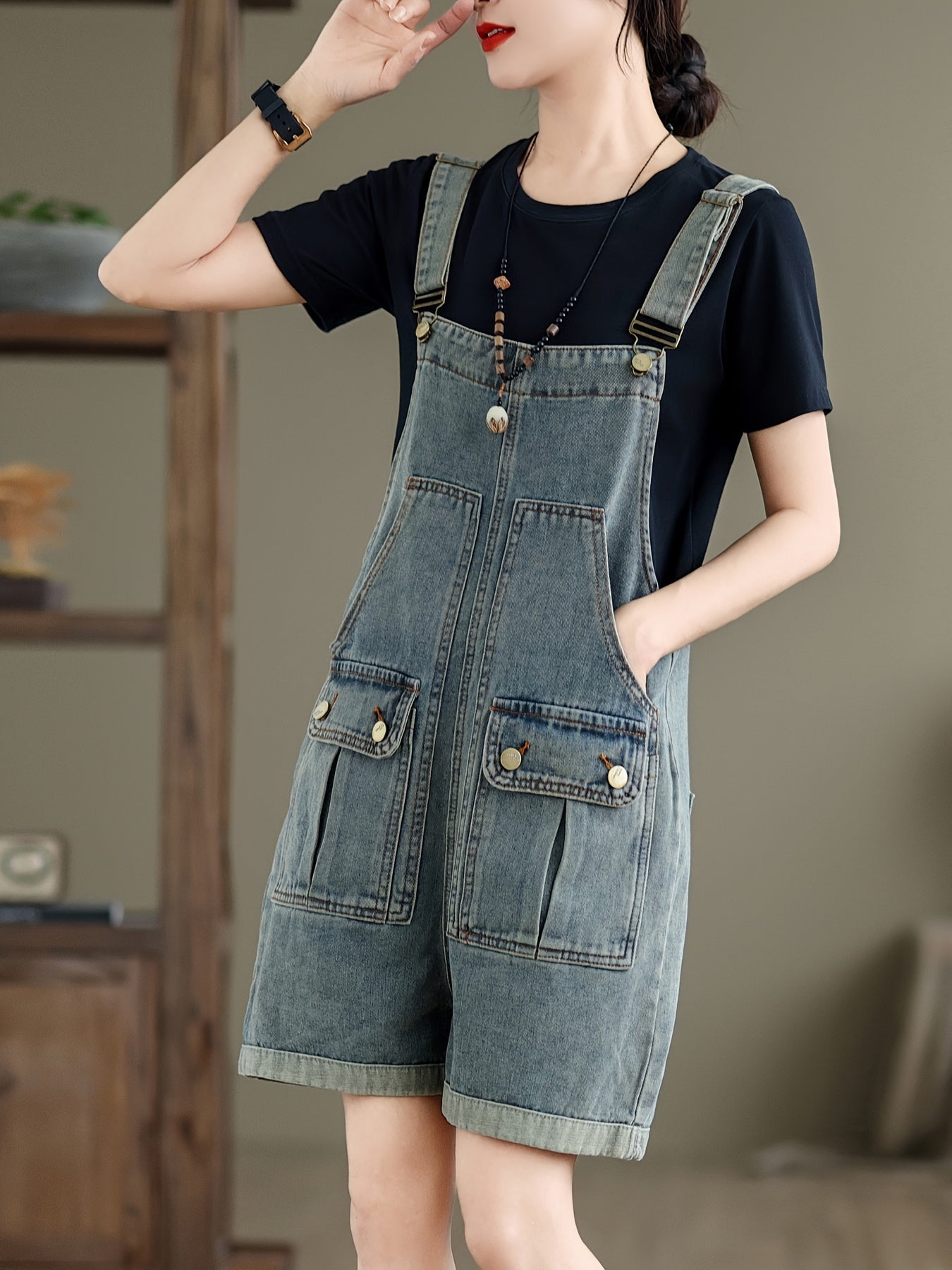 Plain Washed Blue Flap Pocket Adjustable Strap Retro Style Roll Up Hem Denim Overalls Shortalls Dungarees, Women's Denim Jeans & Clothing