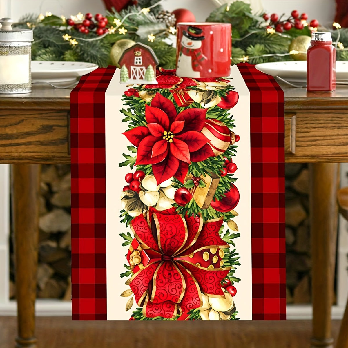 Festive Christmas Table Runner: 1PC Polyester Table Runner with Christmas Floral and Gift Elements, Perfect for Winter Holidays and Family Gatherings