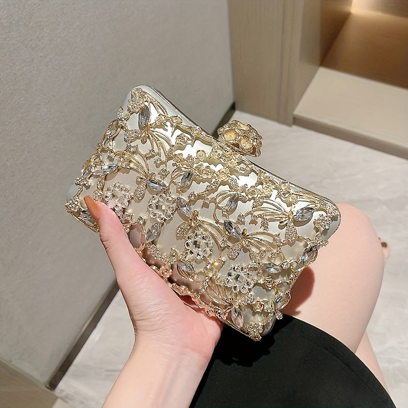 Hollow Rhinestone Evening Bag, Elegant Box Clutch Purse, Women's Handbags For Party Prom Wedding