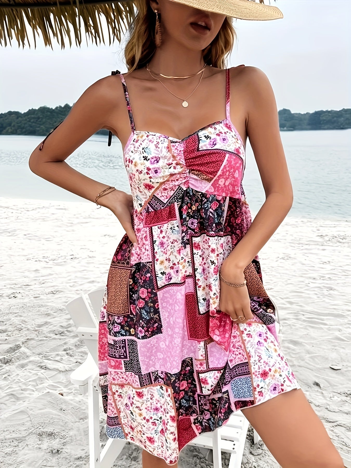 VAKKV Flirty Patchwork Print Sweetheart Neck Dress - Backless & Sleeveless Spaghetti Strap - Spring/Summer Vacation Essential for Women