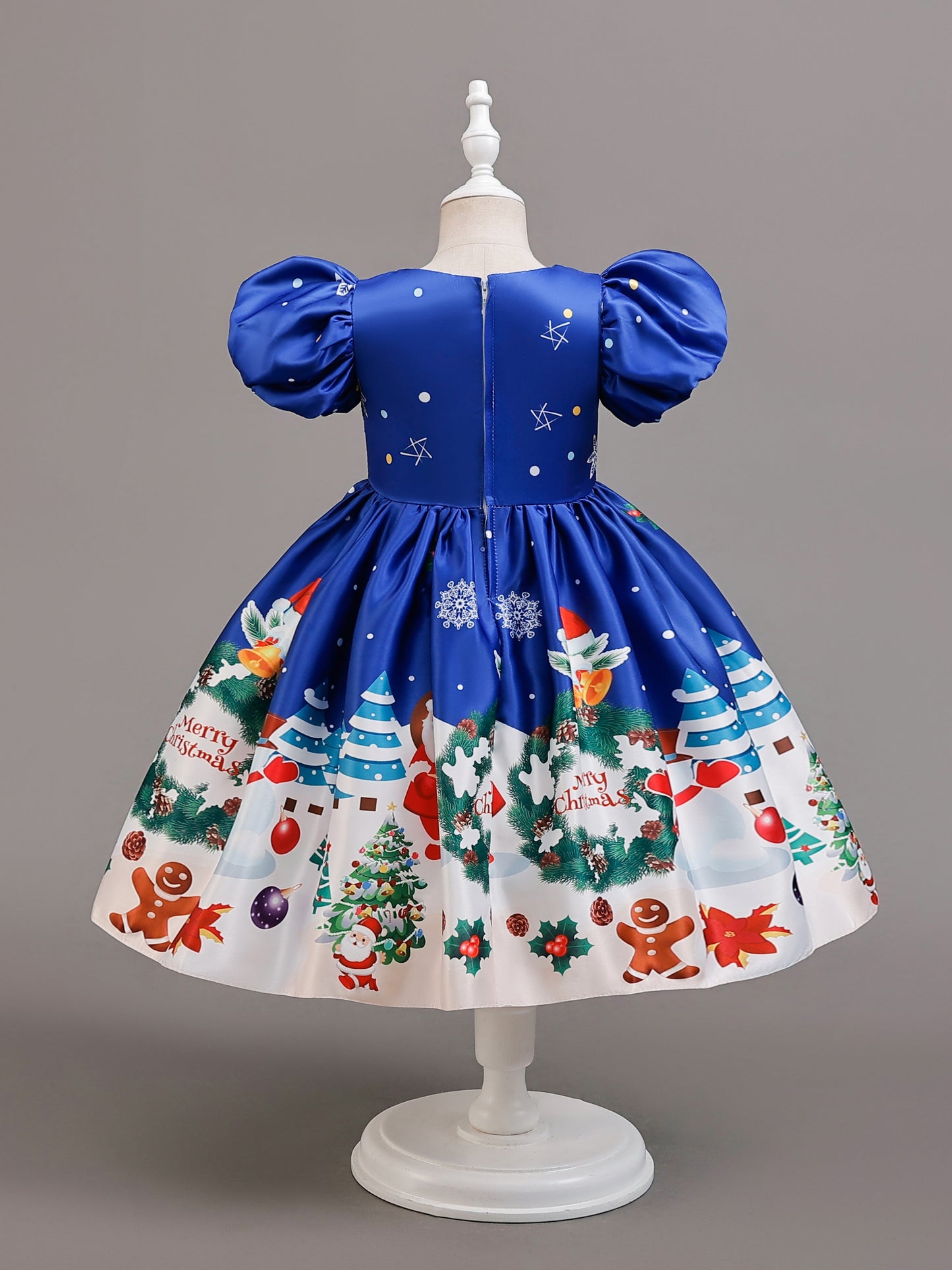 Adorable Girls' Christmas Dress with Santa & Snowflake Print - Puff Sleeve Princess Costume for Holiday Performances
