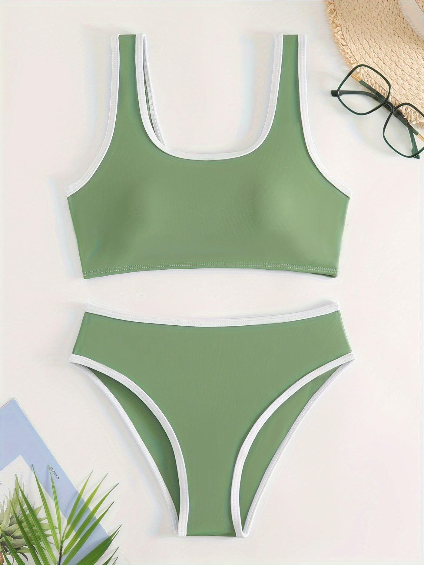 2-Piece Contrast Trim Scoop Neck Bikini Set - High Stretch, Comfortable, and Flattering Swimsuits for Women - Swim Briefs, Women's Swimwear, and Clothing for Beach and Pool