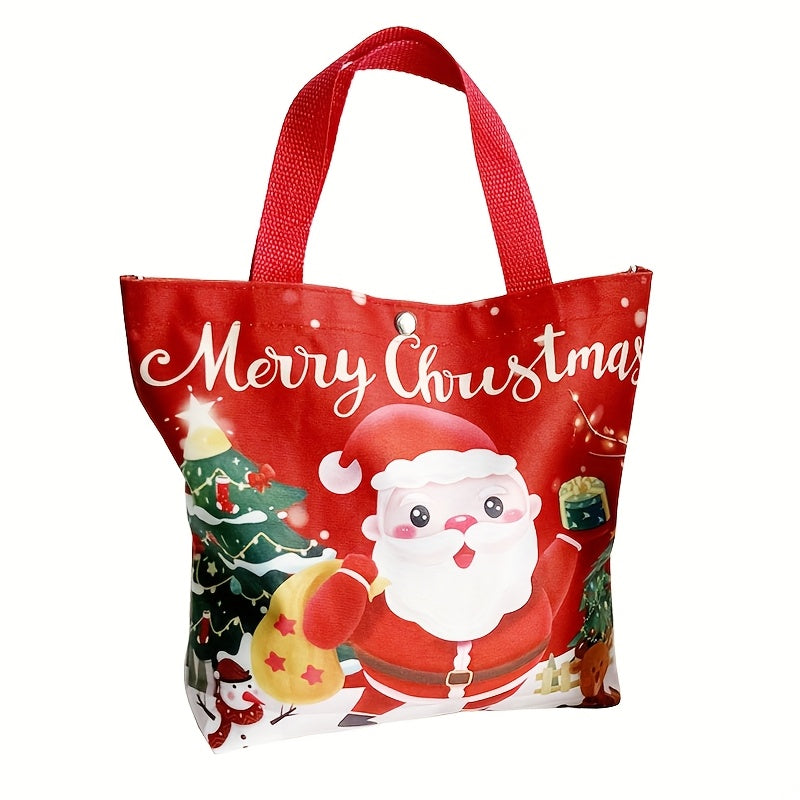 1pc Festive Canvas Tote Bag, Merry Christmas & Happy New Year 2025 Design, Santa Claus & Reindeer Print, Holiday Gift & Grocery Handbag, Uncharged, Durable Material