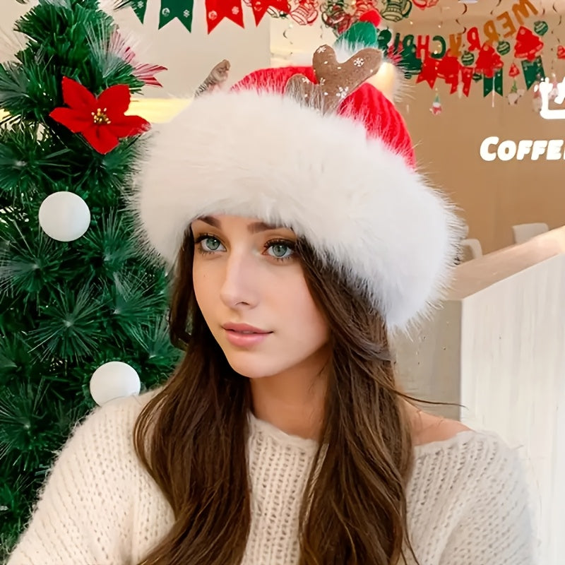 Cozy Faux Fur-Lined Santa Hat for Women - Warm & Comfortable, Perfect for Christmas Parties and Cosplay, Waterproof Knit Cap with Adjustable Fit