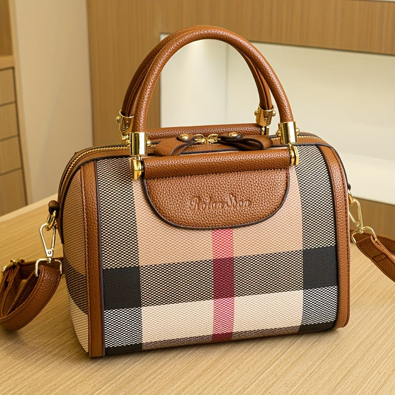 Fashion Checkered Tote Bag for Women | PVC Material with Durable Edge Paint | Versatile Top-Handle with Zipper Closure | Stylish Commuter Handbag with Optional Crossbody Strap
