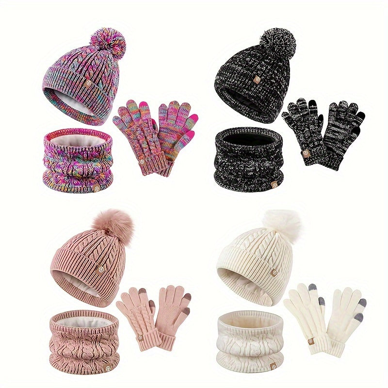 Elegant 3pcs Winter Set for Women: Cozy Fleece-Lined Knit Beanie, Scarf & Gloves - Warm, Windproof & Stylish