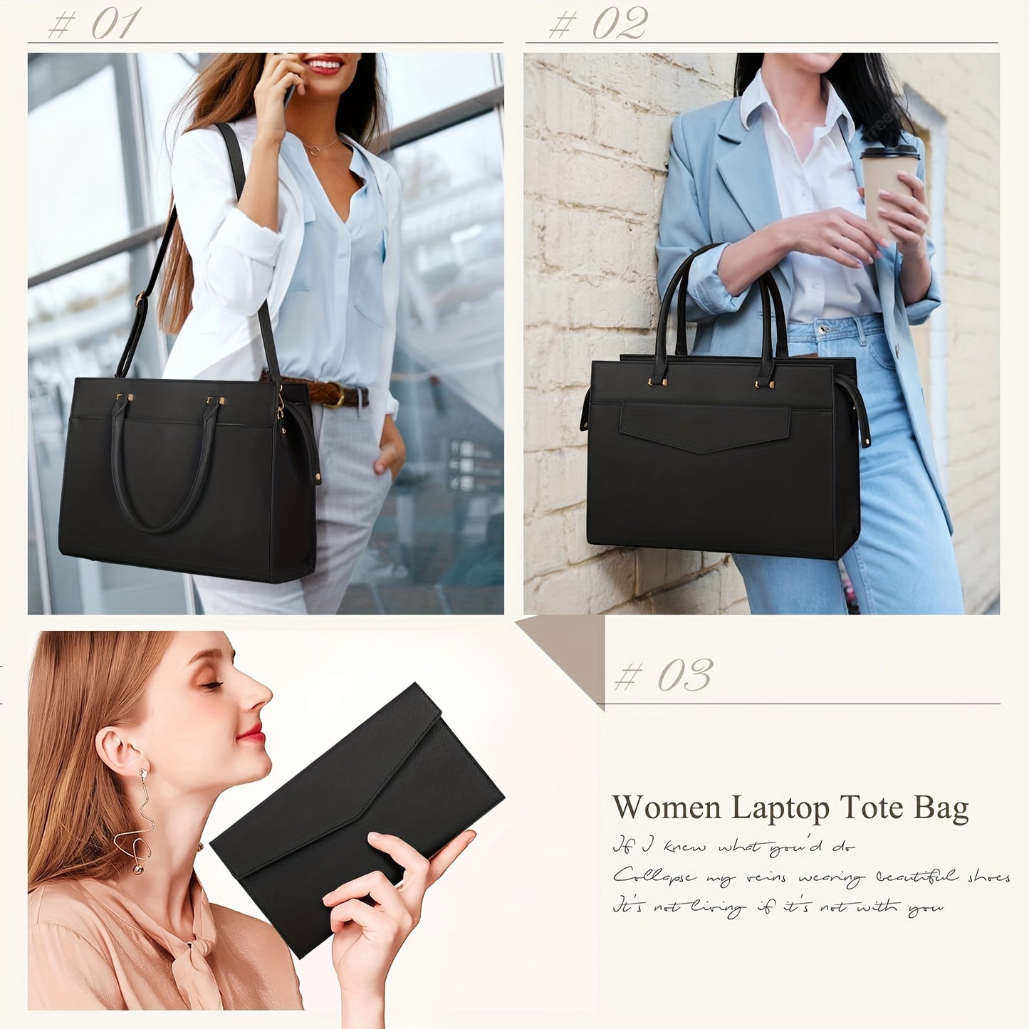 2pcs 15.6 Inch Laptop Bag Set for Women - Professional Work Tote Bag with Clutch Purse, Large Office Computer Bag, Teacher Bag, Shoulder Bag, Black